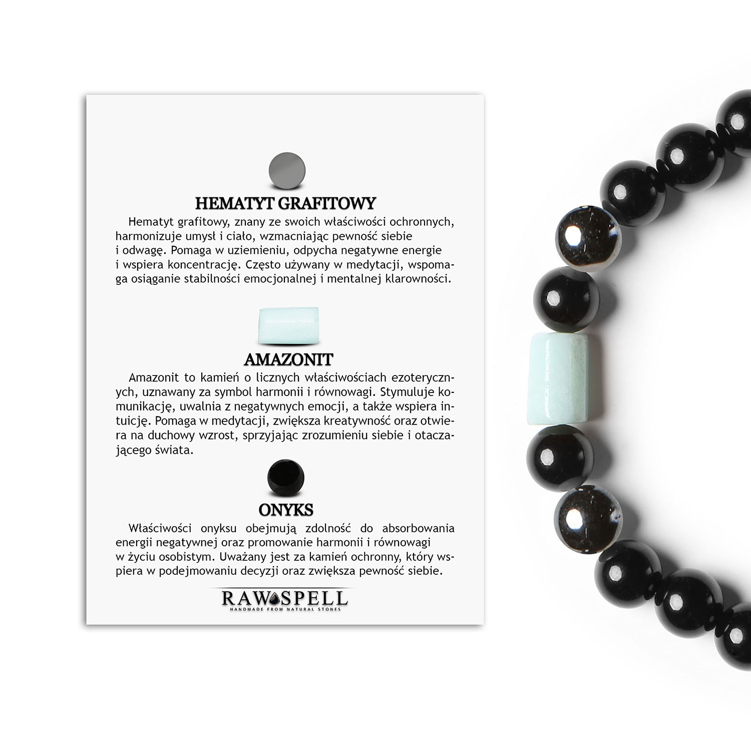 Hematyt grafitowy, amazonit i onyks w bransoletce na gumce z kolekcji Laeri dla kobiet i mężczyzn Stylowa bransoletka z kolekcji Laeri wykonana z naturalnych kamieni: hematyt grafitowy, amazonit i onyks, unisex.