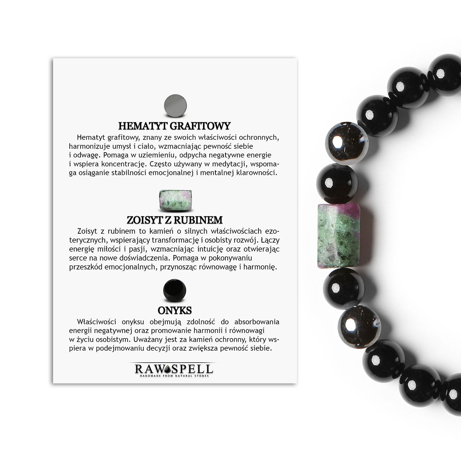 Hematyt grafitowy, zoisyt z rubinem i onyks w bransoletce na gumce Laeri dla kobiet i mężczyzn Elegancka bransoletka z kolekcji Laeri, ozdobiona naturalnymi kamieniami: Hematytem Grafitowym, Zoisytem z Rubinem i Onyksem