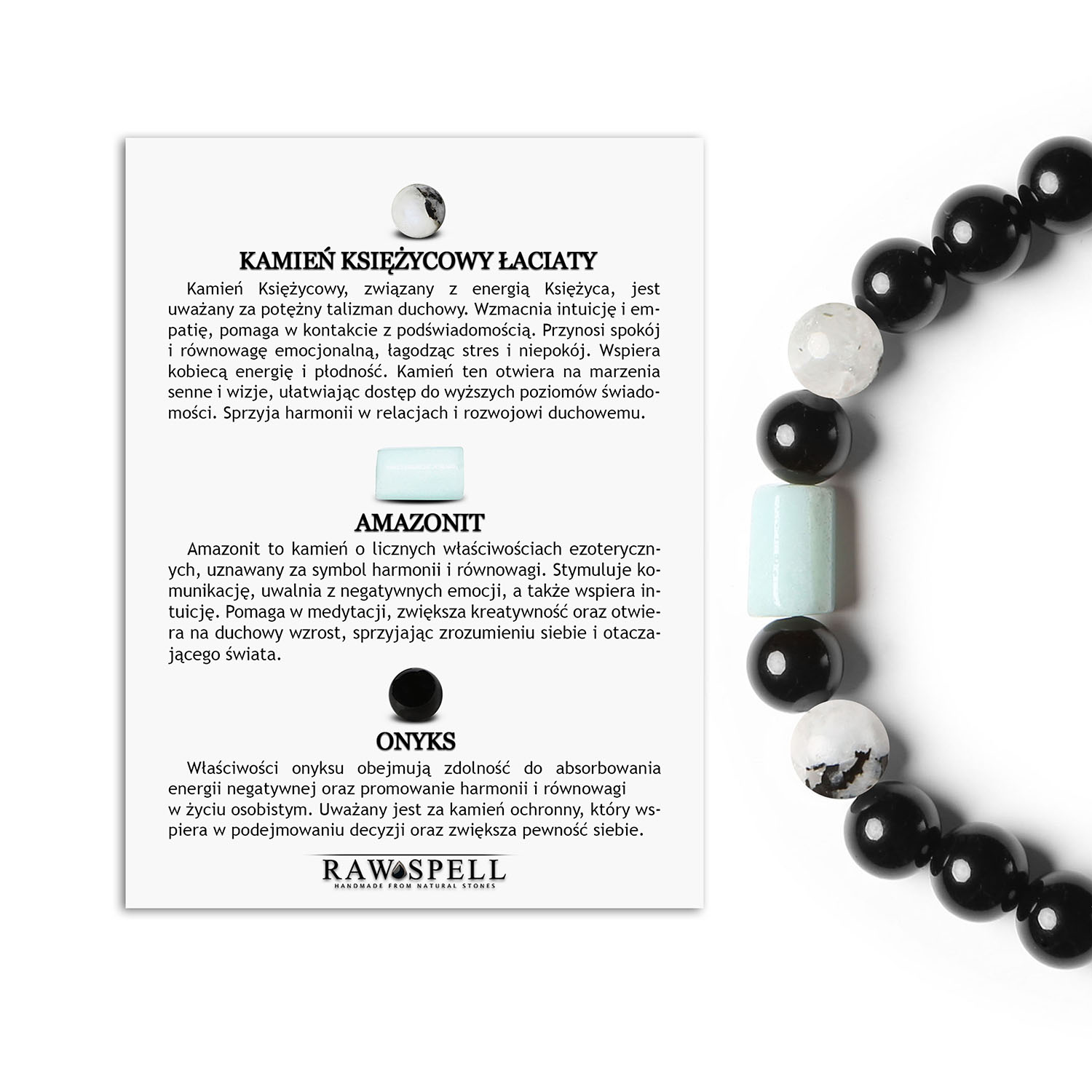 Kolczyki z niezwykłego Kameńcia Księżycowego Łaciatego, Amazonitu i Onyksu zebrane w Kolekcji Laeri - idealna propozycja d Elegancka bransoletka z kolekcji Laeri z kamieniami Księżycowym Łaciatym, Amazonitem i Onyks, stworzona dla kobiet i mężczyzn.