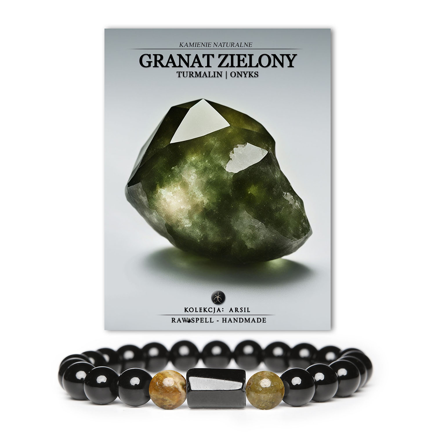 Bransoletka Arsil z naturalnymi kamieniami: granatem, turmalinem i onyksem, idealna dla kobiet i mężczyzn.