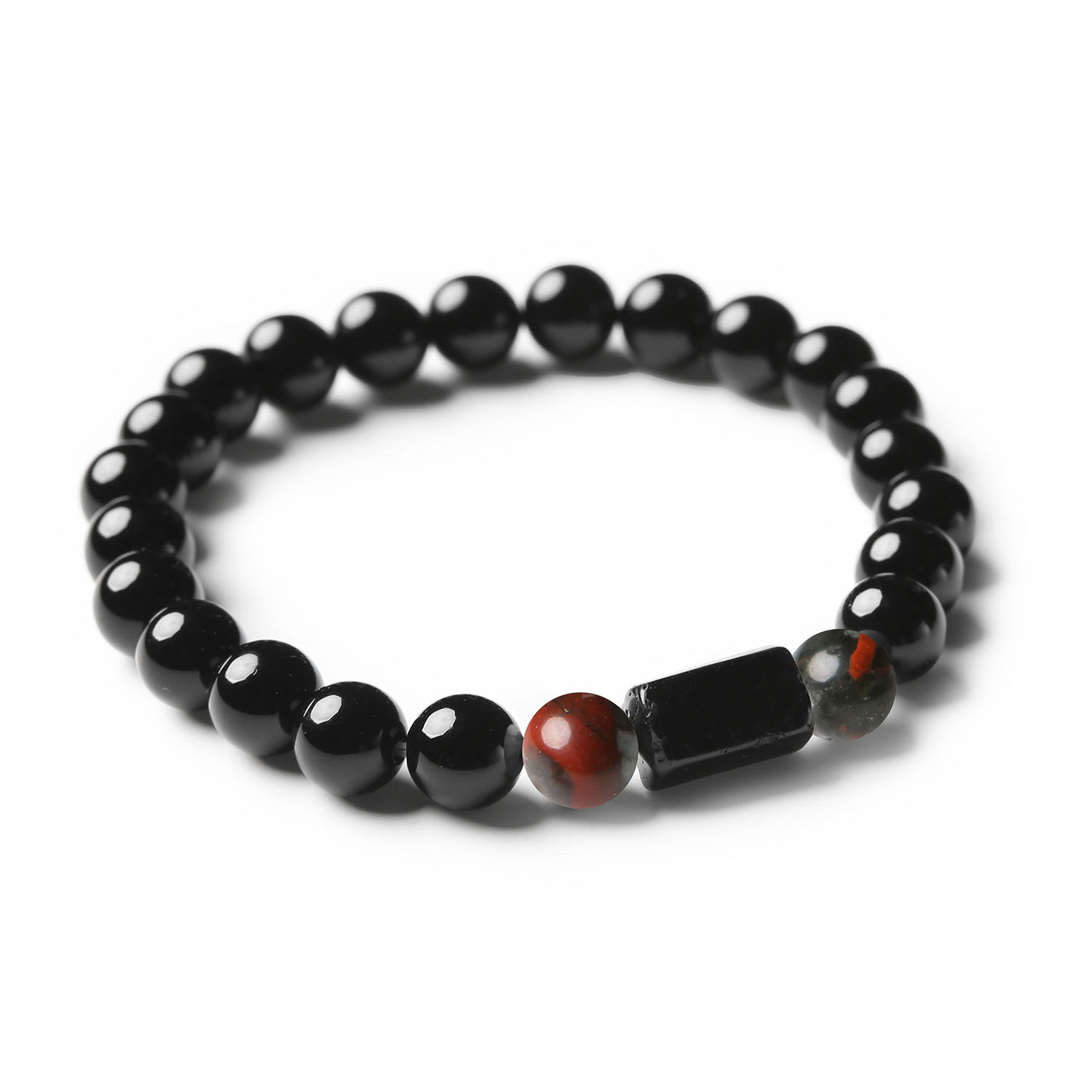 Bransoletka z kolekcji Arsil wykonana z naturalnych kamieni: heliotropu, turmalinu i onyksu, idealna dla kobiet i mężczyzn.