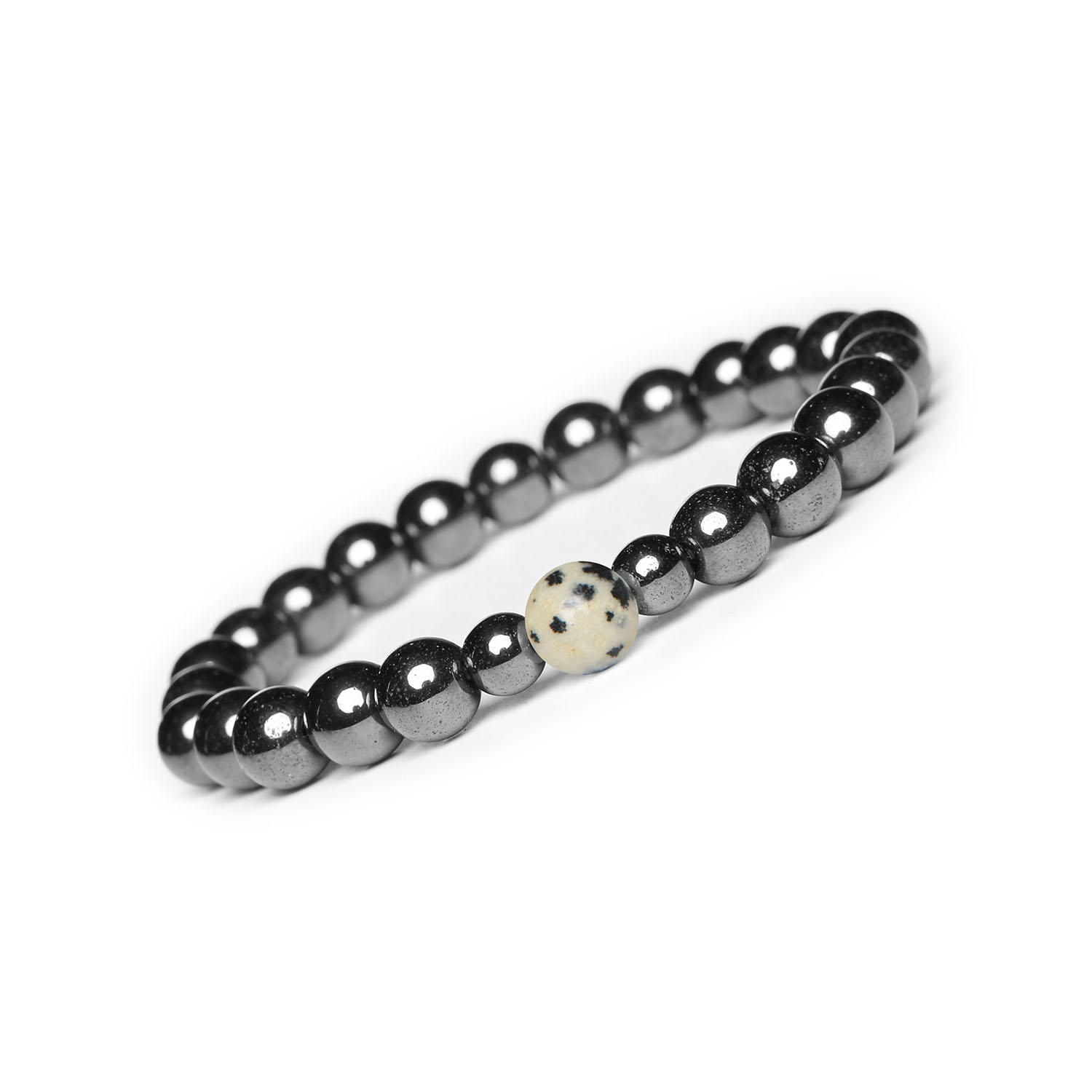 Kolekcja Binthe Bransoletka na gumce z Jaspisem Dalmatyńskim i Hematytowym Grafitem dla wszystki Stylowa bransoletka z kolekcji Binthe wykonana z jaspisu dalmatyńskiego i hematytu grafitowego, idealna dla każdego.