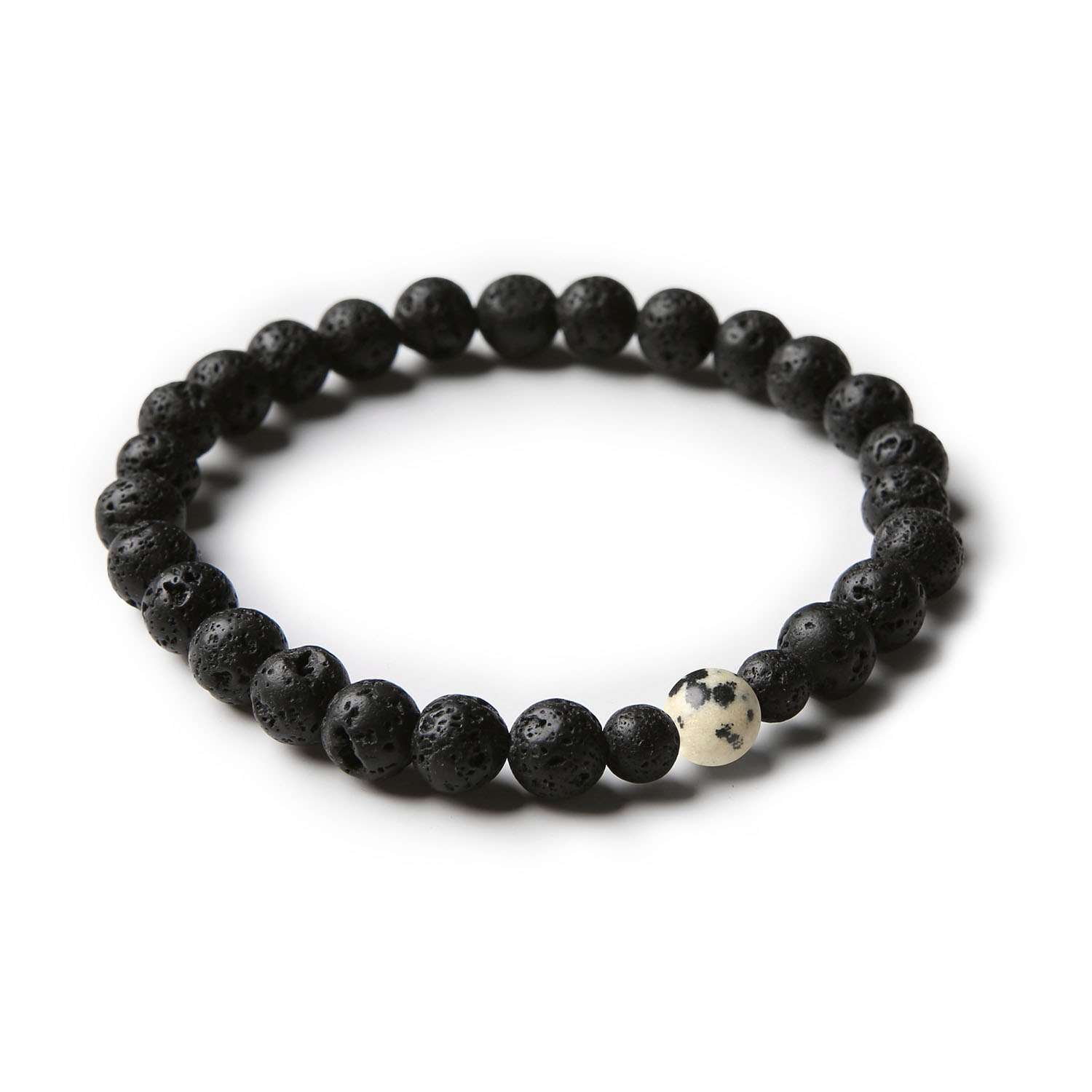 Bransoletka Binthe z naturalnych kamieni: jaspis dalmatyński i lawa wulkaniczna, idealna dla kobiet i mężczyzn.