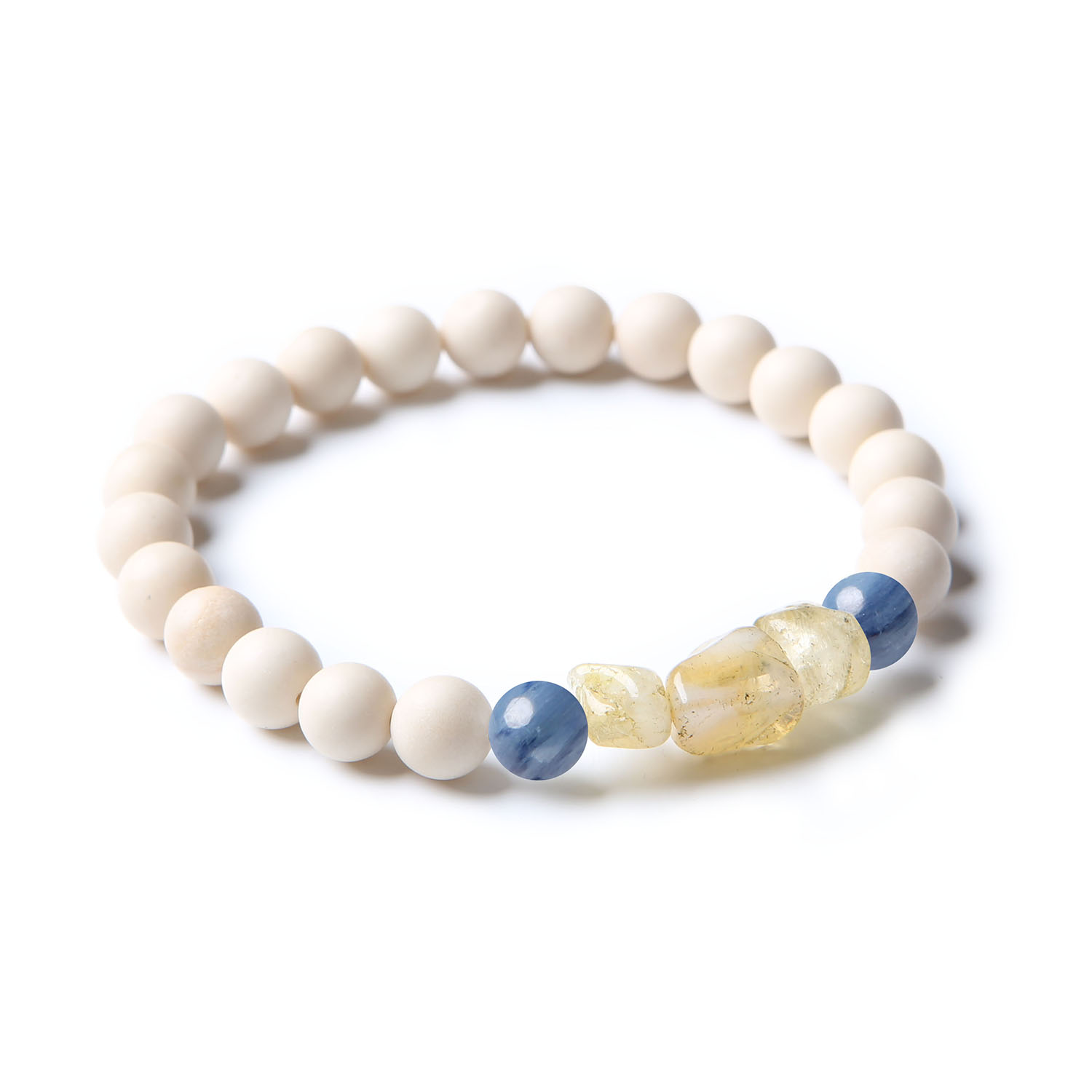 Bransoletka unisex z kolekcji Cymiri, wykonana z kyanitu, cytrynu i kamienia rzecznego, idealna dla miłośników naturalnych kamieni.