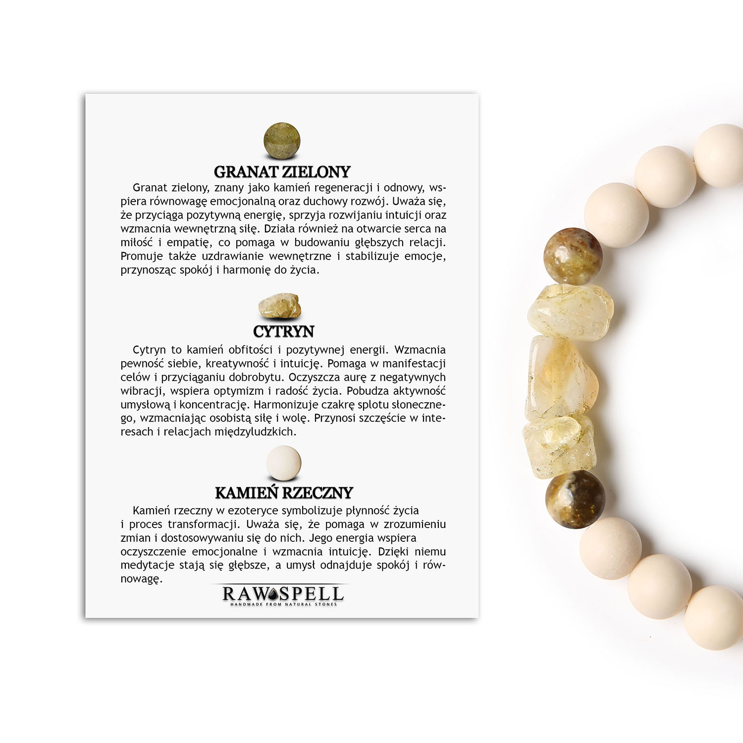 Kolekcja Cymiri bransoletka na gumce w granatowo-zielonych tonacjach z cytrynem i kamieniem rzecznym, stworzona dla kobiet i mężczyzn Bransoletka z kolekcji Cymiri z granatem zielonym, cytrynem i kamieniem rzecznym, idealna dla kobiet i mężczyzn.