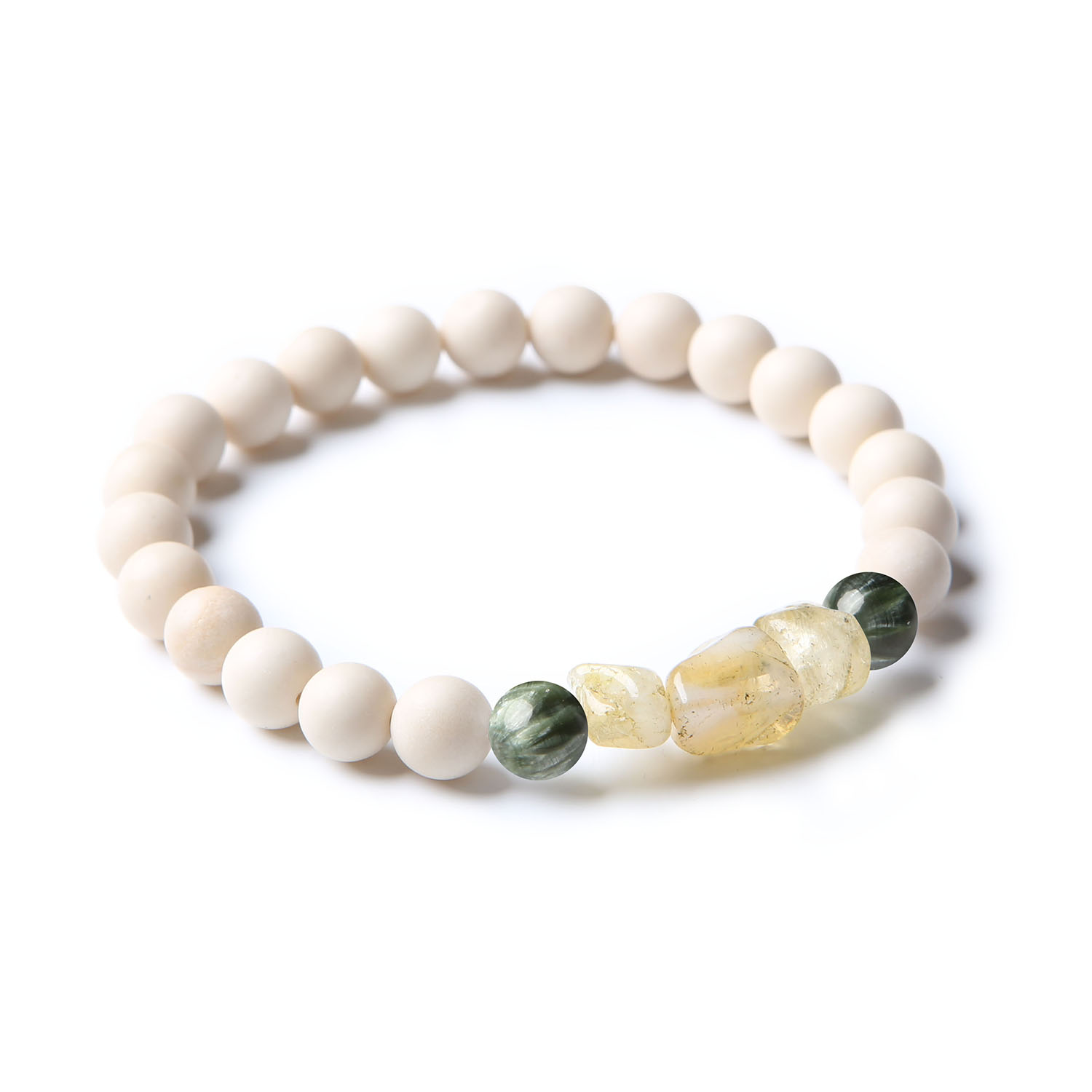 Elegancka bransoletka z kolekcji Cymiri, ozdobiona kamieniami serafinitu, cytrynu i kamienia rzecznego, stworzona z myślą o kobietach i mężczyznach.