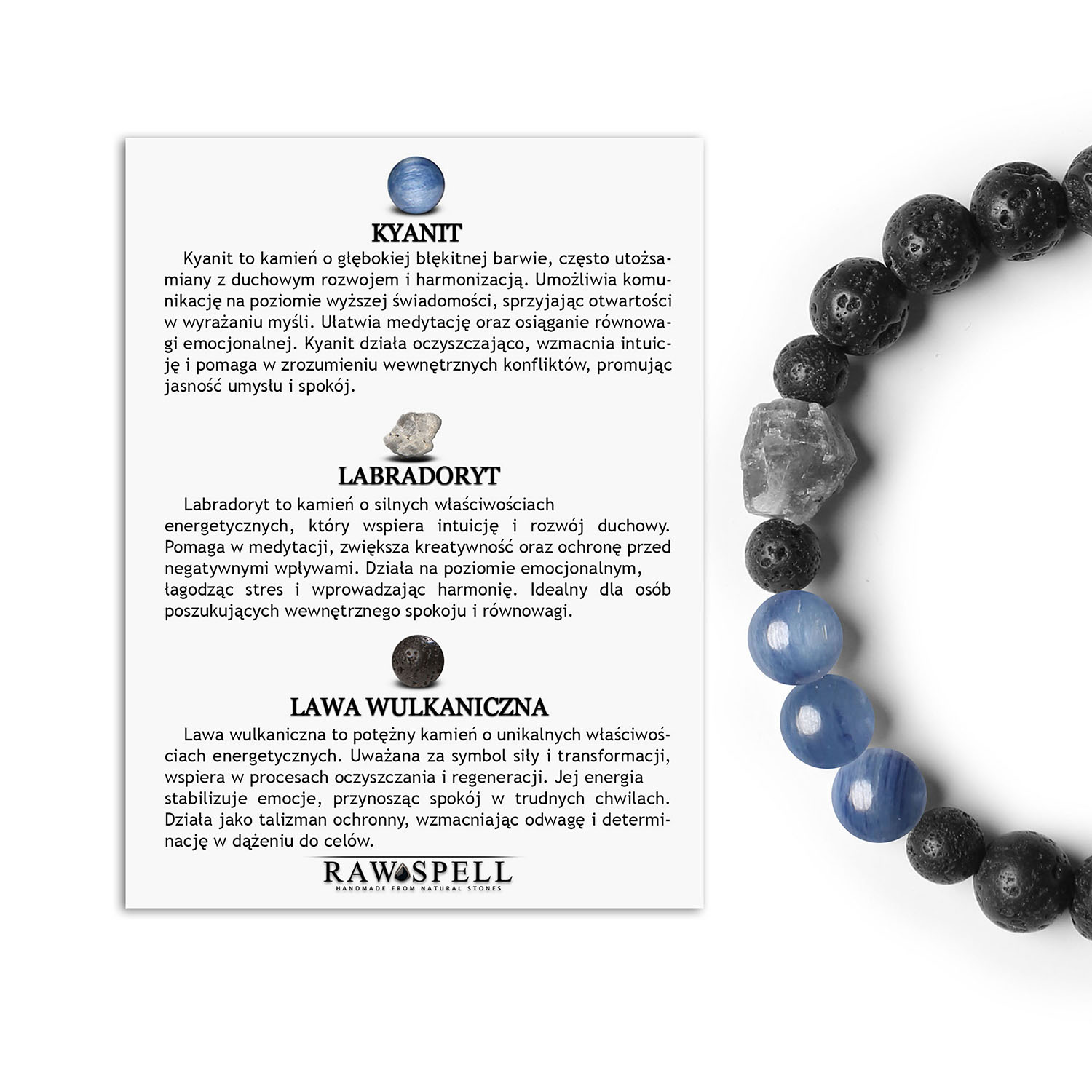 Kolekcja Derdr - Bransoletka na gumce z kyanitem, labradorytem i lawą wulkaniczną - stylowa i nowoczesna biżuteria dla wszystkich Bransoletka Derdr z kyanitem, labradorytem i lawą wulkaniczną - elegancka biżuteria dla kobiet i mężczyzn.