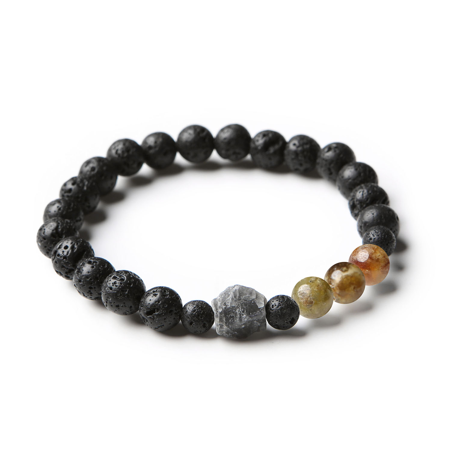 Stylowa bransoletka Derdr z granatem zielonym, labradorytem i lawą wulkaniczną, doskonały dodatek dla obu płci.