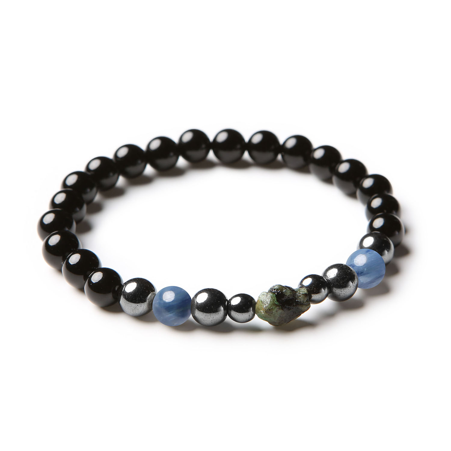 Bransoletka Elai z naturalnymi kamieniami: kyanit, szmaragd, onyks i hematyt grafitowy, idealna dla kobiet i mężczyzn.