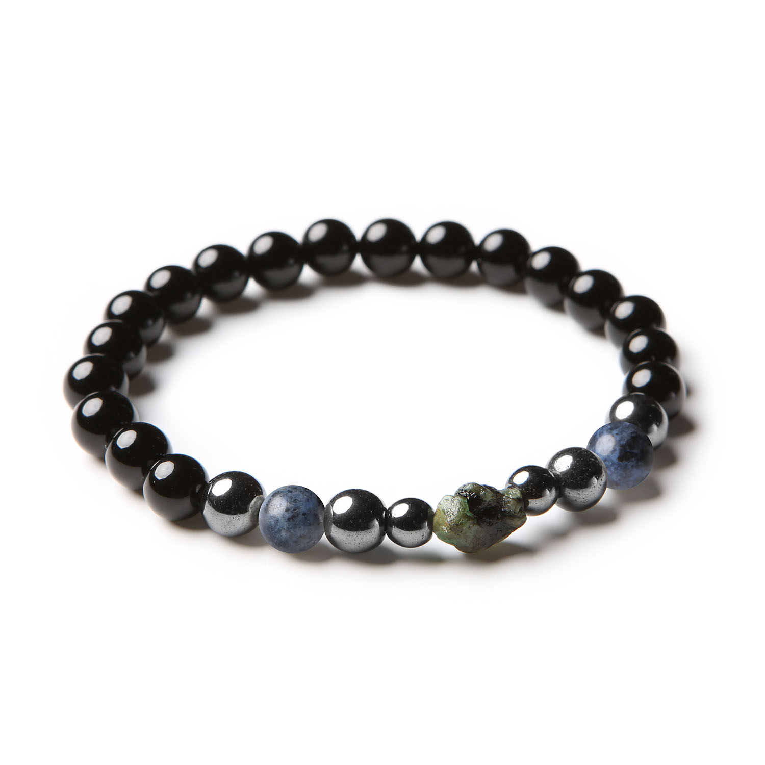 Bransoletka Elai z naturalnymi kamieniami: dumortieryt, szmaragd, onyks i hematyt grafitowy, stworzona dla kobiet i mężczyzn.