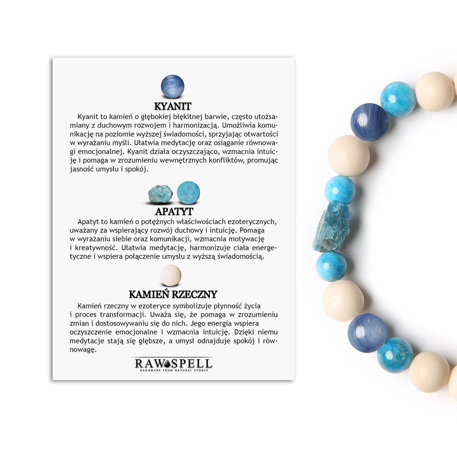 Kolekcja Fair bransoletka na gumce z kyanitem, apatytami i kamieniem rzecznym, idealna dla kobiet i mężczyzn Stylowa bransoletka dla kobiet i mężczyzn z kolekcji Fair, ozdobiona naturalnymi kamieniami kyanit, apatyt oraz kamień rzeczny.