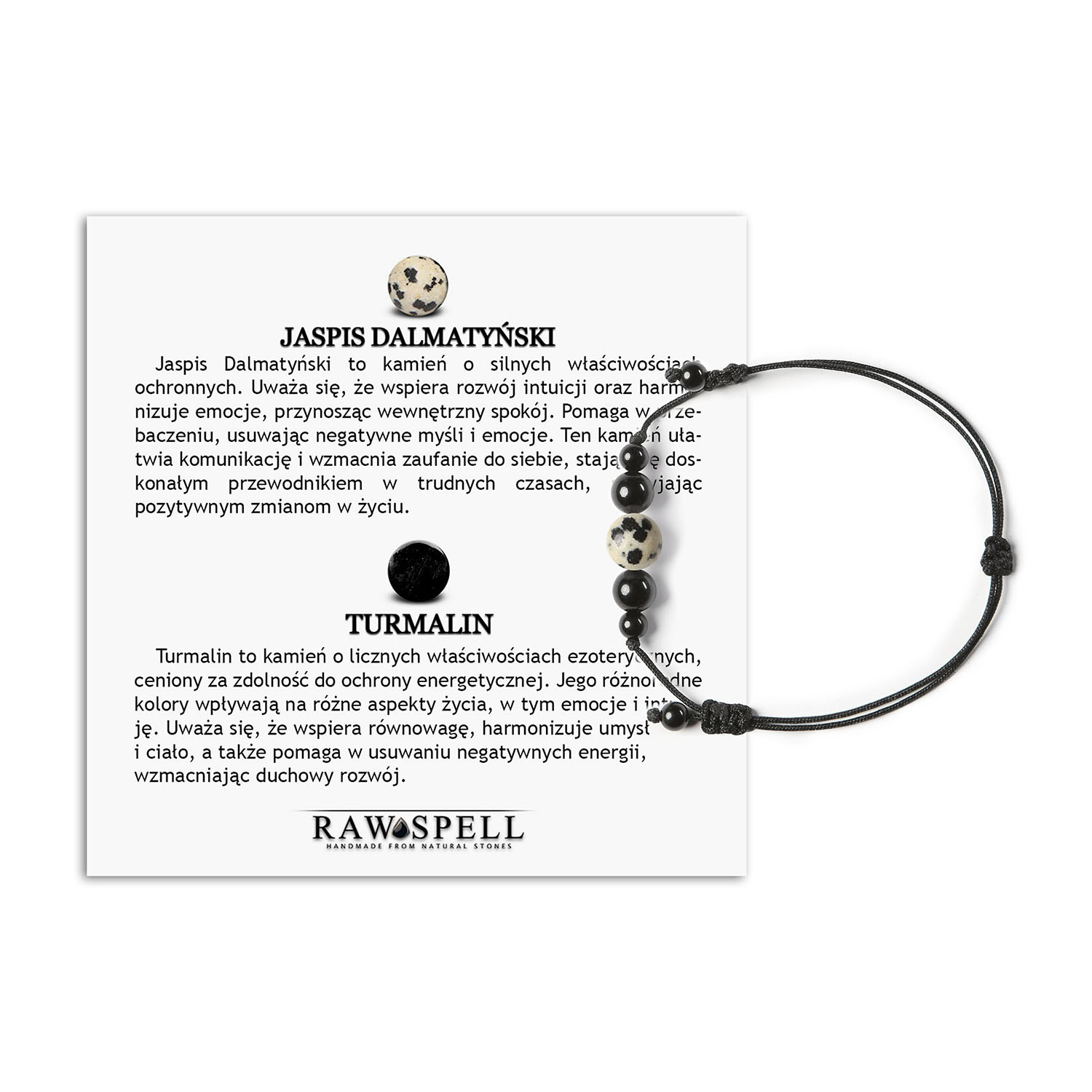 Kolekcja Garie - bransoletka na sznurku z Jaspisem Dalmatyńskim i Turmalinem, idealna dla kobiet i mężczyzn Stylowa bransoletka z kamieniami naturalnymi: jaspis dalmatyński i turmalin, idealna dla kobiet i mężczyzn.