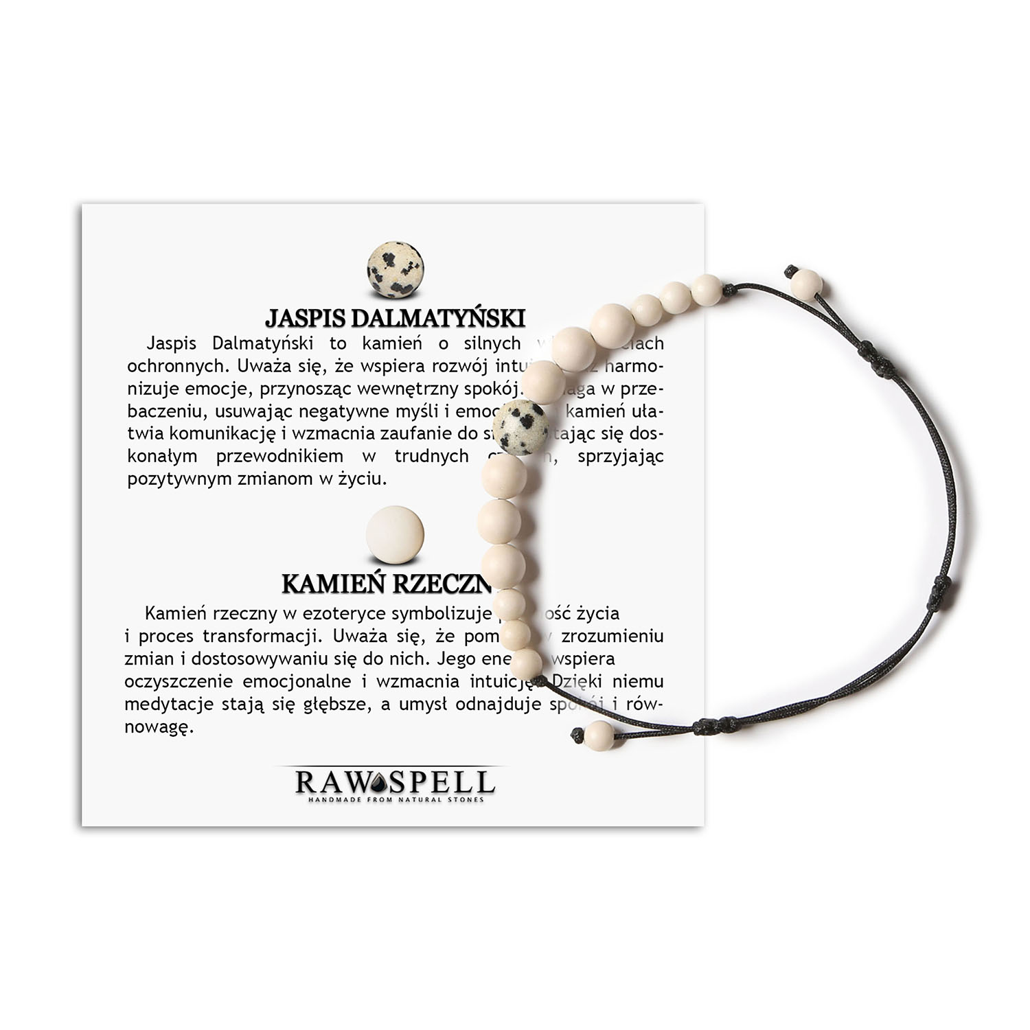 Kolekcja Jaue Bransoletka na sznurku z Jaspisem Dalmatyńskim i Kamieniem Rzecznym dla par Stylowa bransoletka dla kobiet i mężczyzn z naturalnymi kamieniami: jaspis dalmatyński i kamień rzeczny z kolekcji Jaue.