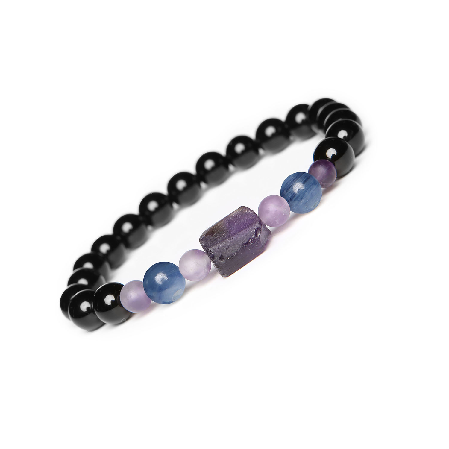 Kolekcja Kema bransoletka na gumce z Kyanitem, Ametystem i Onyksami - unisex Elegancka bransoletka Kema wykonana z naturalnych kamieni - kyanitu, ametystu i onyxu, przeznaczona dla kobiet i mężczyzn.