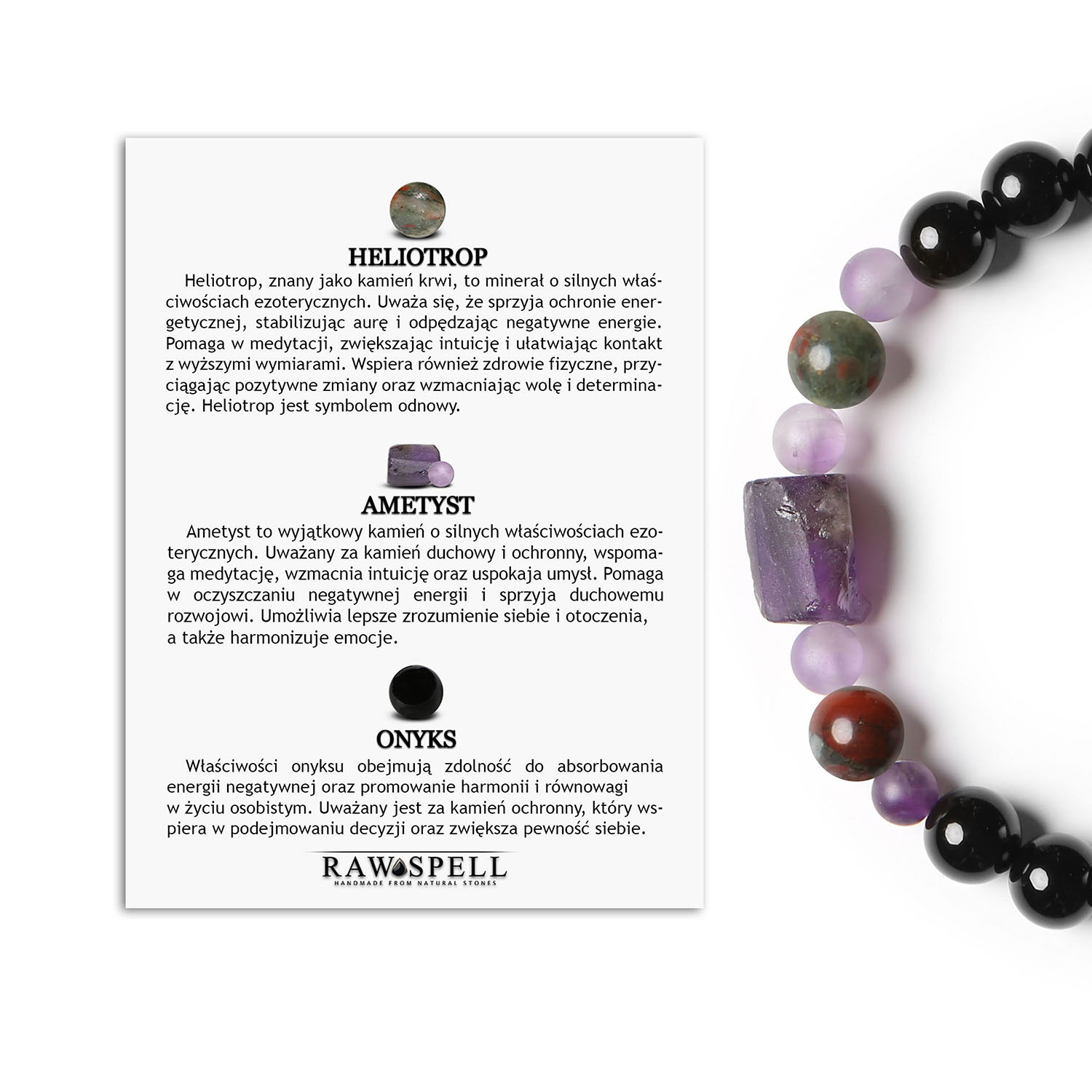 Kolekcja Kema bransoletka na gumce z heliotropem, ametystem i onyksem, idealna dla kobiet i mężczyzn Kemski styl w nowej roli! Bransoletka z kolekcji Kema, ozdobiona naturalnymi kamieniami: Heliotrop, Ametyst oraz Onyks. Doskonały wybór dla Kobiet i Mężczyzn.