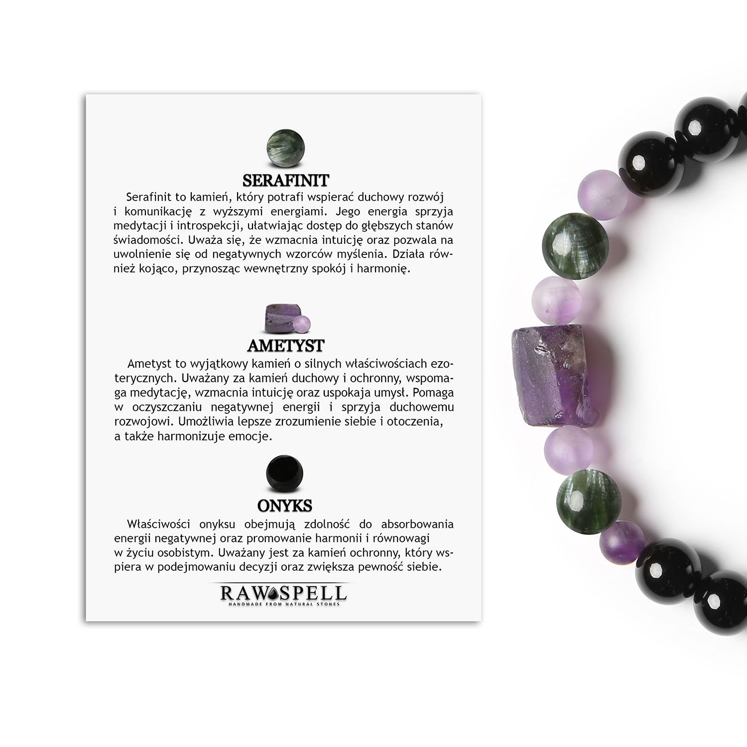 Kolekcja Kema bransoletka na gumce z serafinitu, ametystu i onksu dla każdej płci Stylowa bransoletka z kolekcji Kema, ozdobiona serafinitami, ametystami i onyksami - idealna dla każdego.