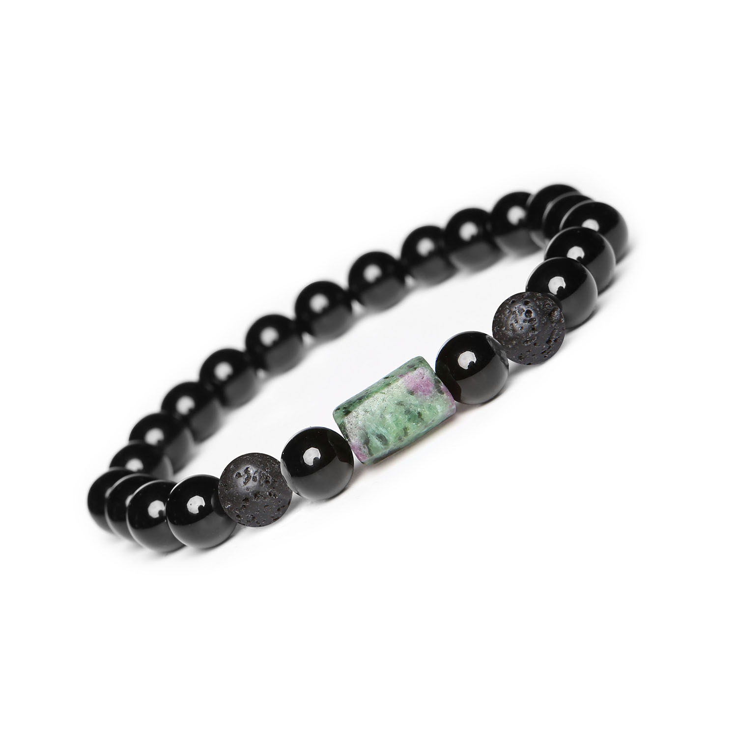 Kolekcja Laeri, Bransoletka Lawa Wulkaniczna- Zoisyt z Rubinem Onyks Elegancka bransoletka Laeri dla kobiet i mężczyzn, z naturalnymi kamieniami: lawa wulkaniczna, zoisyt z rubinem, onyks, na elastycznej gumce.