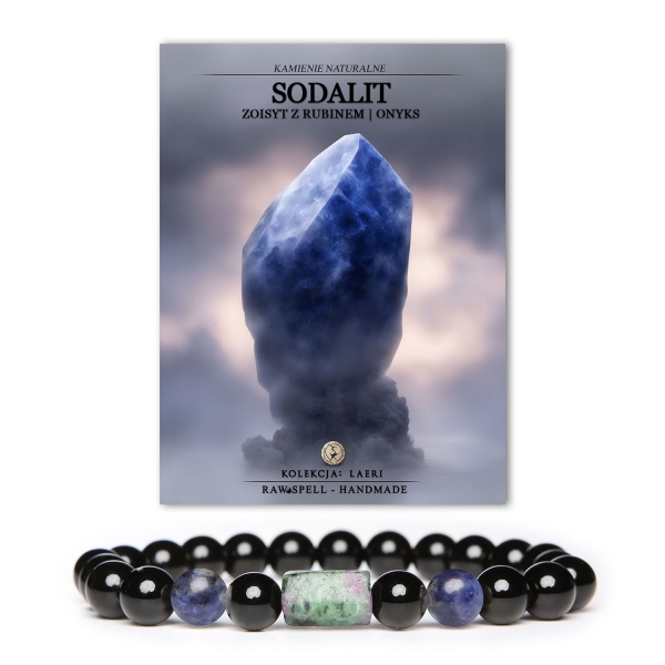 Bransoletka Laeri na gumce z naturalnymi kamieniami: sodalit, zoisyt z rubinem i onyks – elegancka biżuteria dla kobiet i mężczyzn.