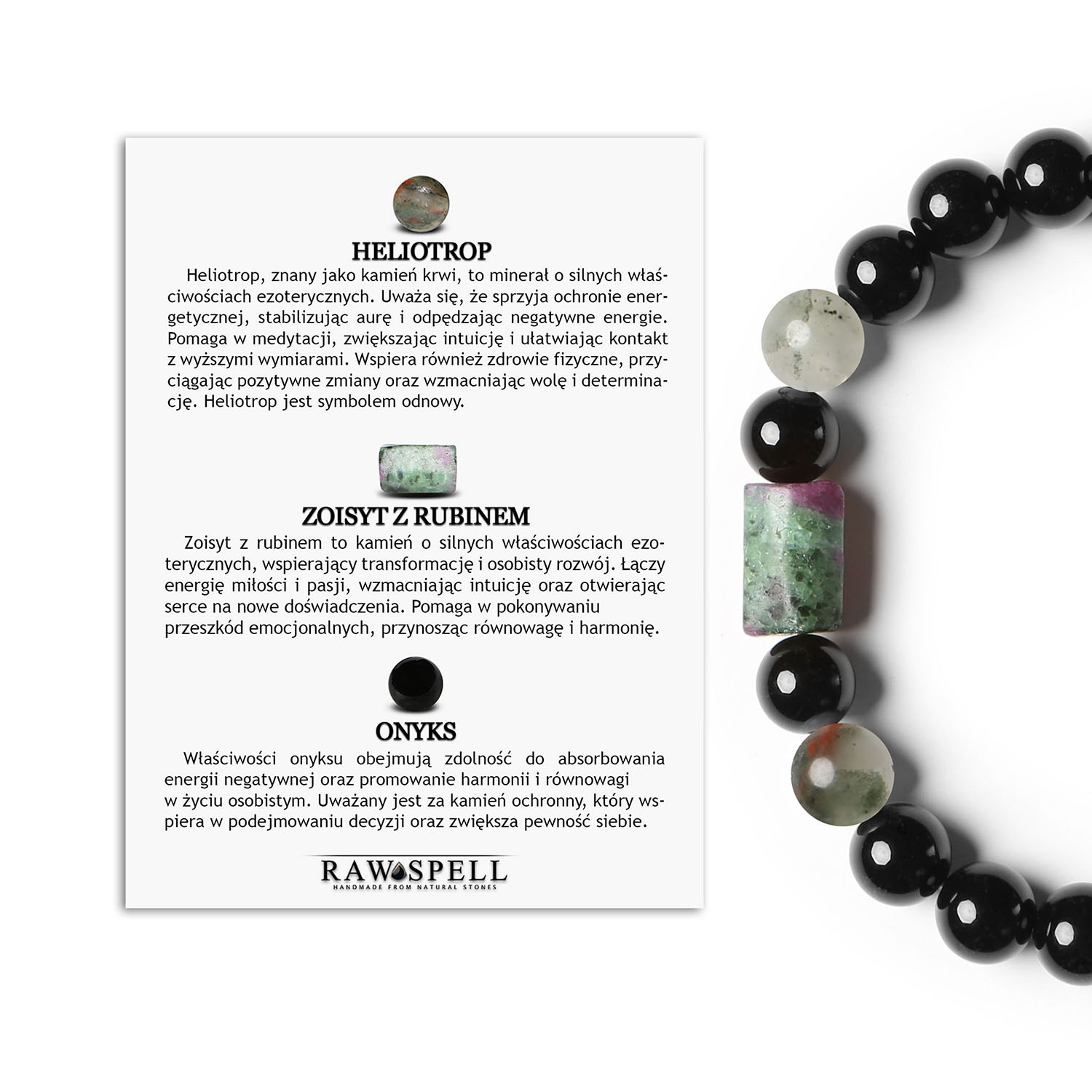 Kolekcja Laeri Bransoletka na gumce Heliotrop z Zoisytu z Rubinem oraz Onyksu, dla wszystkich Stylowa bransoletka z kolekcji Laeri, wykonana z heliotropu, zoisytu z rubinem oraz onyksu, przeznaczona dla kobiet i mężczyzn.