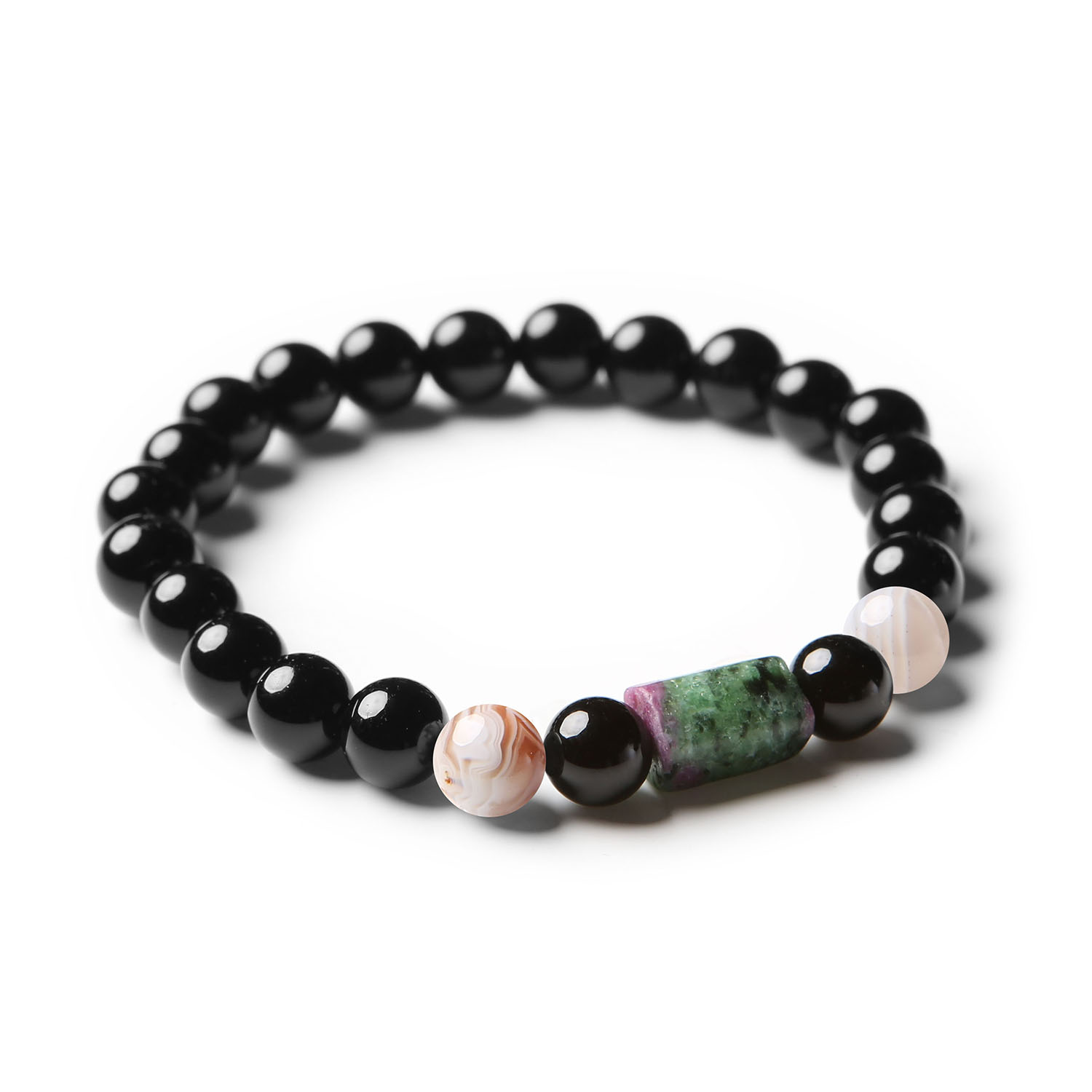 Bransoletka z kolorowymi kamieniami naturalnymi: agatem Botswana, zoisitem z rubinem i onykiem.