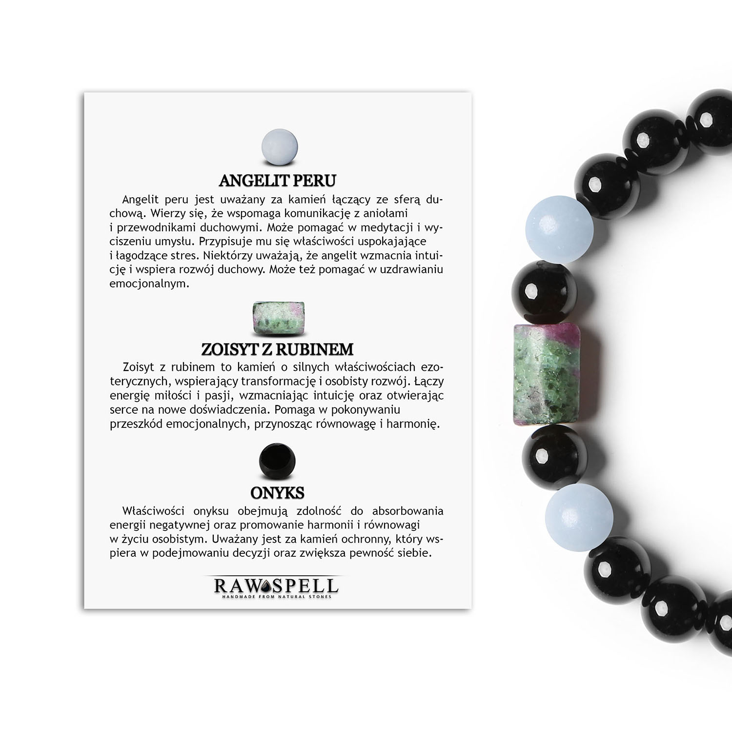 Kolekcja Laeri Bransoletka na gumce z Angelitem, Zoisyt z Rubinem i Onyks - unisex Stylowa bransoletka na gumce Laeri dla kobiet i mężczyzn, wykonana z kamieni naturalnych: Angelit, Zoisyt z Rubinem oraz Onyks.