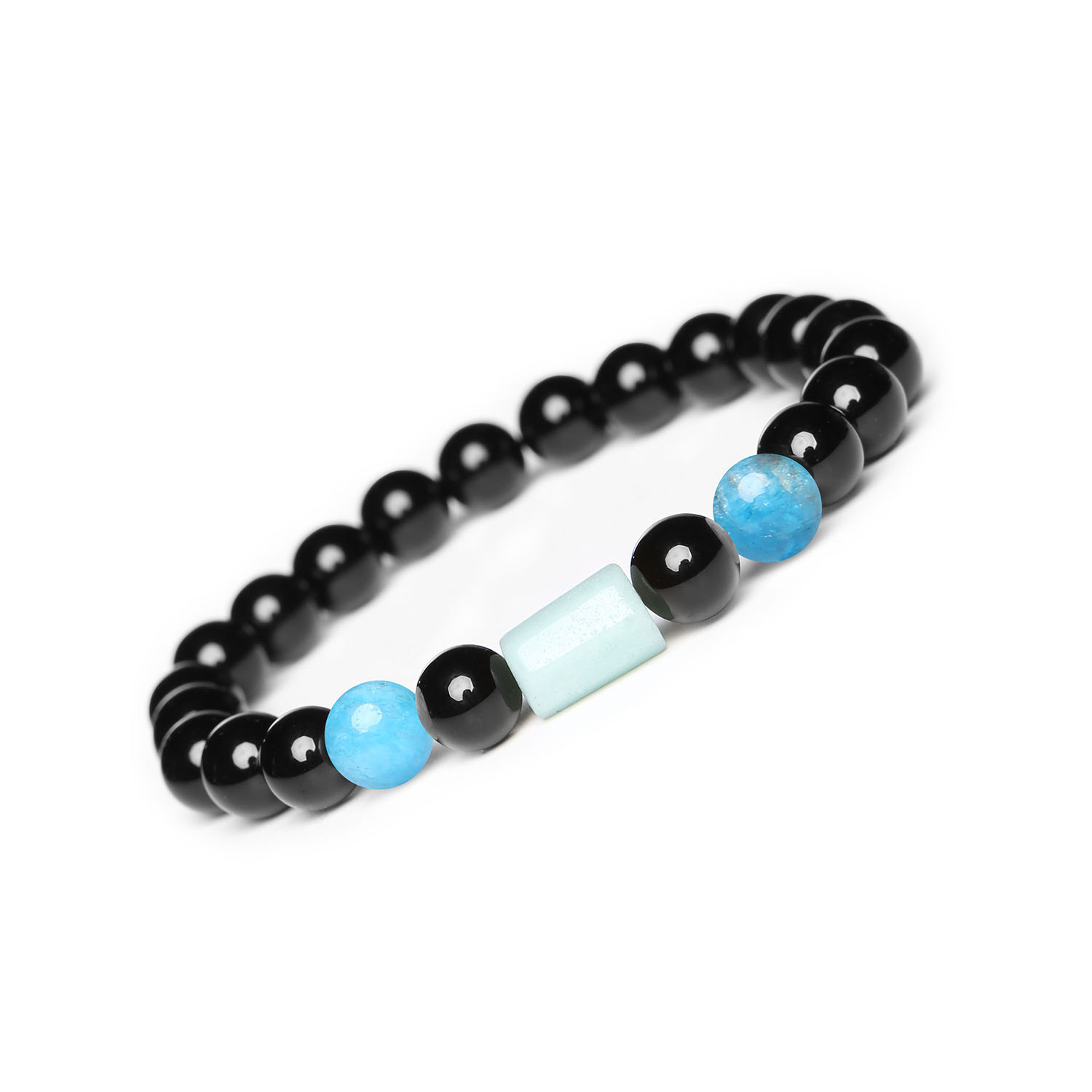 Kolekcja Laeri Bransoletka na gumce z Apatytem, Amazonitem i Onyksiem dla kobiet i mężczyzn Bransoletka Laeri - subtelna elegancja Bransoletka z kolekcji Laeri to piękna ozdoba, która doskonale sprawdzi się zarówno jako dodatek do codziennych strojów, jak i jako element wyrazisty w bardziej formalnych sytuacjach. Wykonana z naturalnych kamieni: apatytu, amazonitu i onyksu, przypomina o pięknie i harmonii, które można znaleźć w przyrodzie.