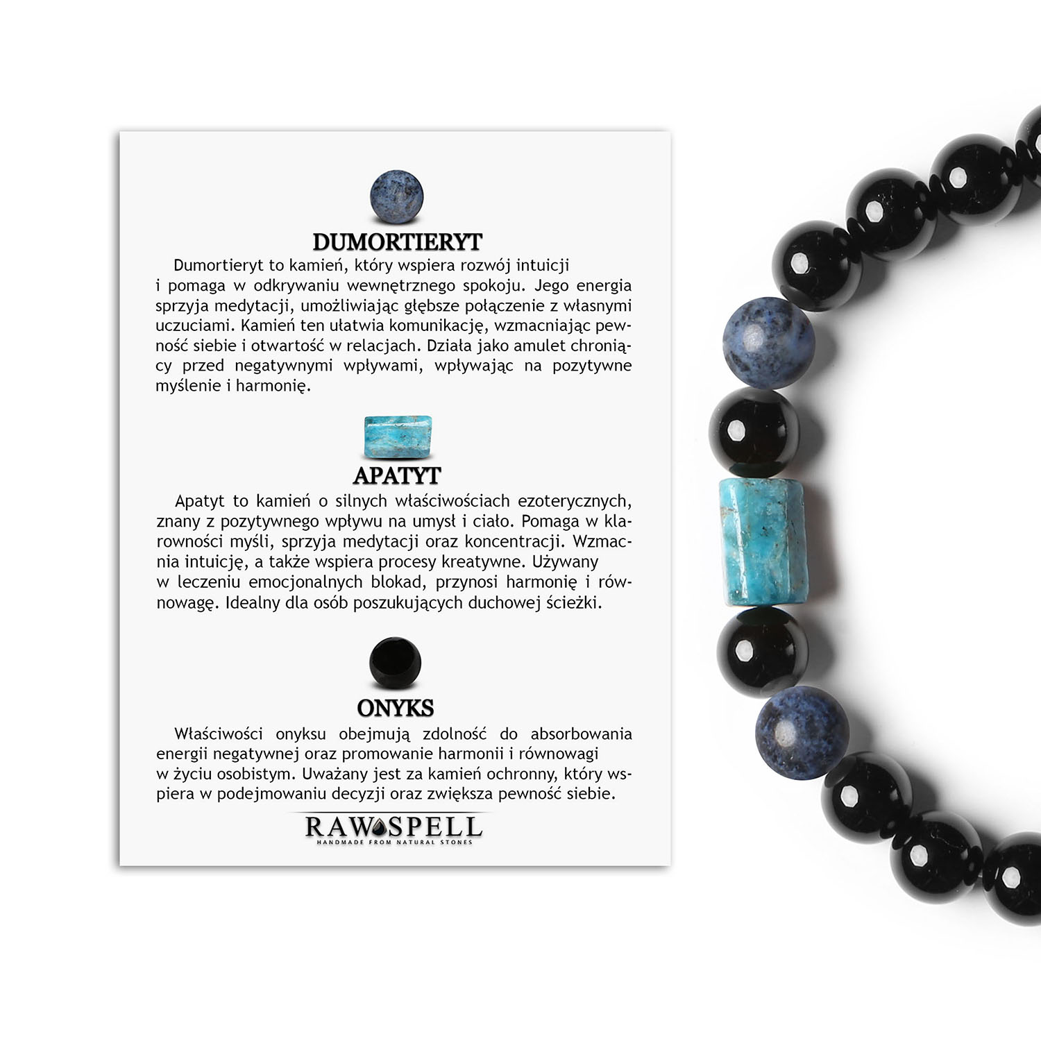 Kolekcja Laeri Bransoletka na gumce z Dumortierytem, Apatytem i Onyksą dla Kobiet i Mężczyzn Bransoletka z kolekcji Laeri wykonana z naturalnych kamieni: dumortieryt, apatyt i onyks. Idealna dla kobiet i mężczyzn.