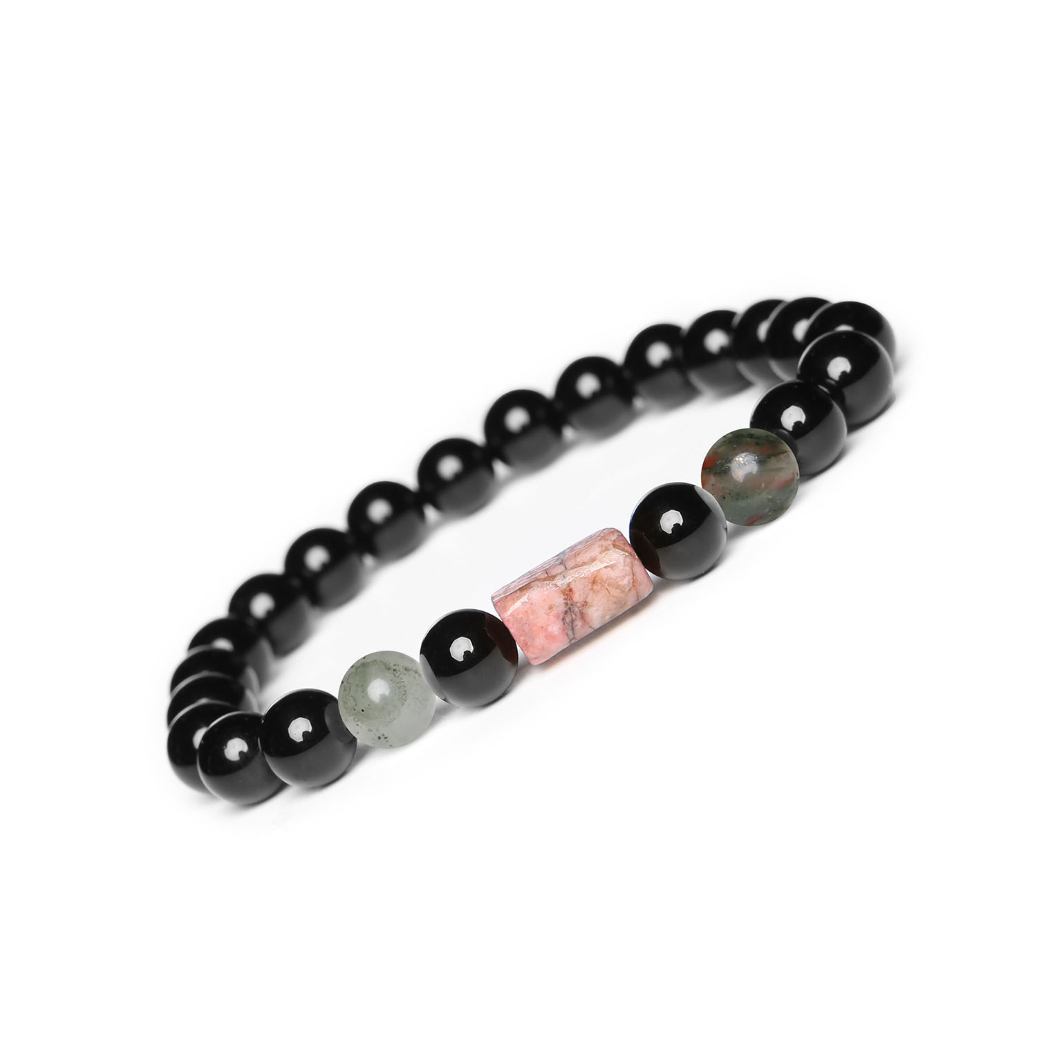 Kolekcja Laeri Bransoletka na gumce z Heliotropem, Rodonitem i Onyksem Bransoletka Laeri z naturalnymi kamieniami: heliotrop, rodonit i onyks, stworzona z myślą o kobietach i mężczyznach.