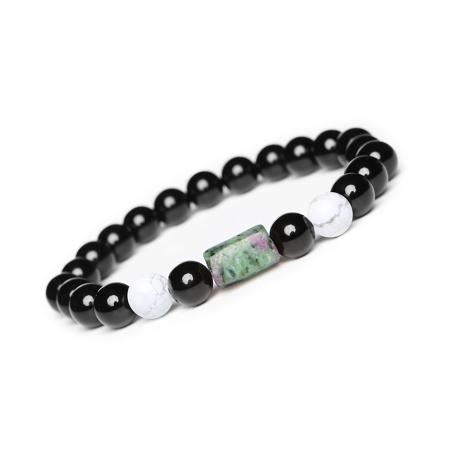 Kolekcja Laeri Bransoletka na gumce z Howlitem, Zoisyt z Rubinem i Onyks dla Kobiet i Mężczyzn Stylowa bransoletka Laeri na gumce z kamieniami: Howlit, Zoisyt z Rubinem oraz Onyks, stworzona z myślą o kobietach i mężczyznach.