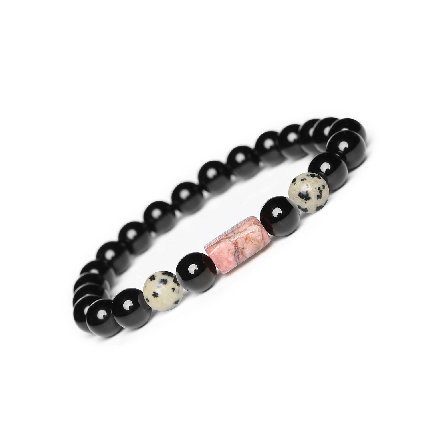 Kolekcja Laeri Bransoletka na gumce z Jaspisem Dalmatyńskim, Rodonitem i Onyksem dla wszystkich Stylowa bransoletka Laeri z Jaspisem Dalmatyńskim, Rodonitem i Onyks, dedykowana zarówno kobietom, jak i mężczyznom.