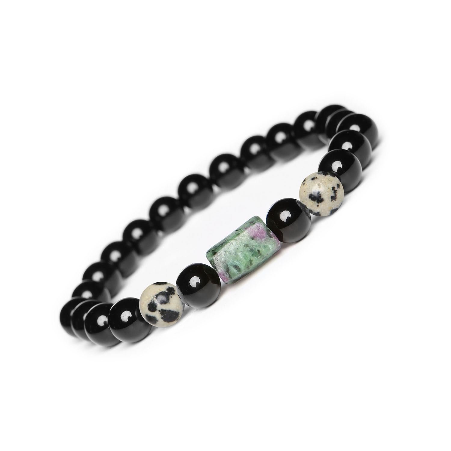 Kolekcja Laeri Bransoletka na gumce z Jaspisem Dalmatyńskim, Zoisytem z Rubinem i Onyksami, idealna dla Kobiet i Mężczyzn Bransoletka z kolekcji Laeri wykonana z naturalnych kamieni: jaspisu dalmatyńskiego, zoisytu z rubinem oraz onyksu, dostępna dla kobiet i mężczyzn.