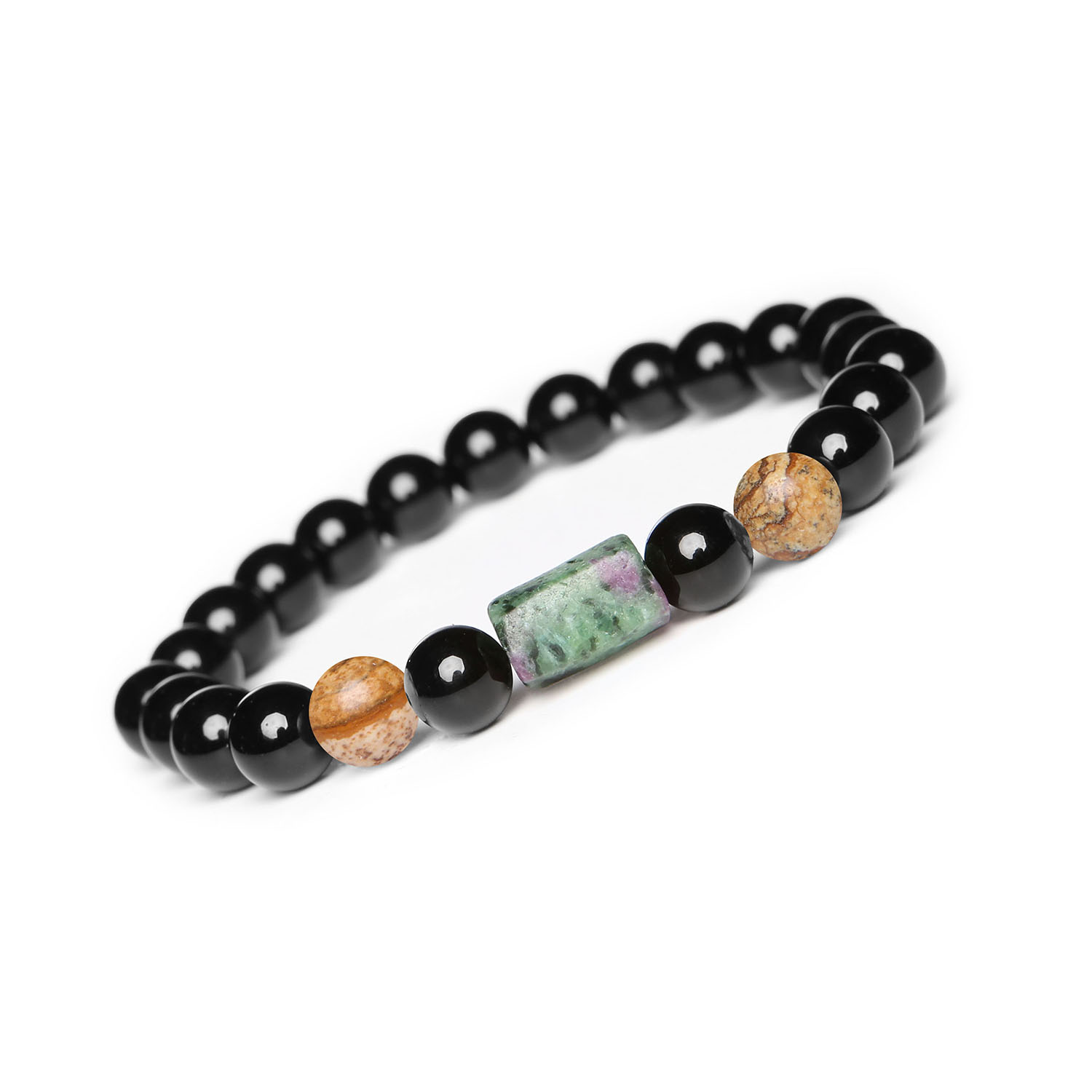 Kolekcja Laeri Bransoletka na gumce z Jaspisem Obrazkowym, Zoisyt z Rubinem oraz Onyks dla wszystkich Stylowa bransoletka Dla Kobiet i Mężczyzn z kolekcji Laeri, z kamieniami dekoracyjnymi: jaspis obrazkowy, zoisyt z rubinem i onyks.