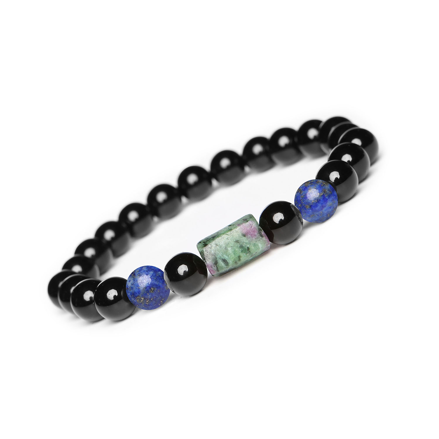 Kolekcja Laeri Bransoletka na gumce z Lapis Lazuli, Zoisyt z Rubinem i Onyks dla każdego Elegancka bransoletka na gumce Laeri z Lapisem Lazuli, Zoisytami z Rubinem oraz Onyksami, przeznaczona dla obu płci.