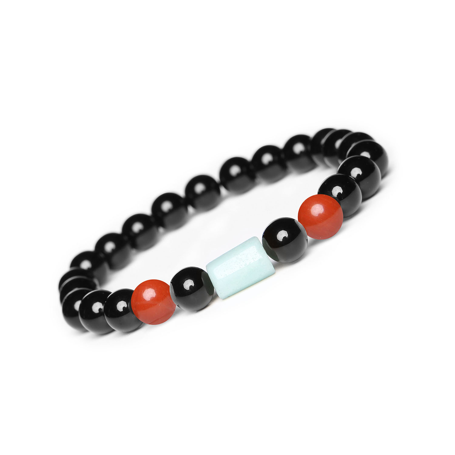 Kolekcja Laeri - Bransoletka na gumce z jaspisem czerwonym, amazonitem i onyksem - dla kobiet i mężczyzn Elegancka bransoletka z kolekcji Laeri, wykonana z jaspisu czerwonego, amazonitu i onyksu, dedykowana kobietom i mężczyznom.