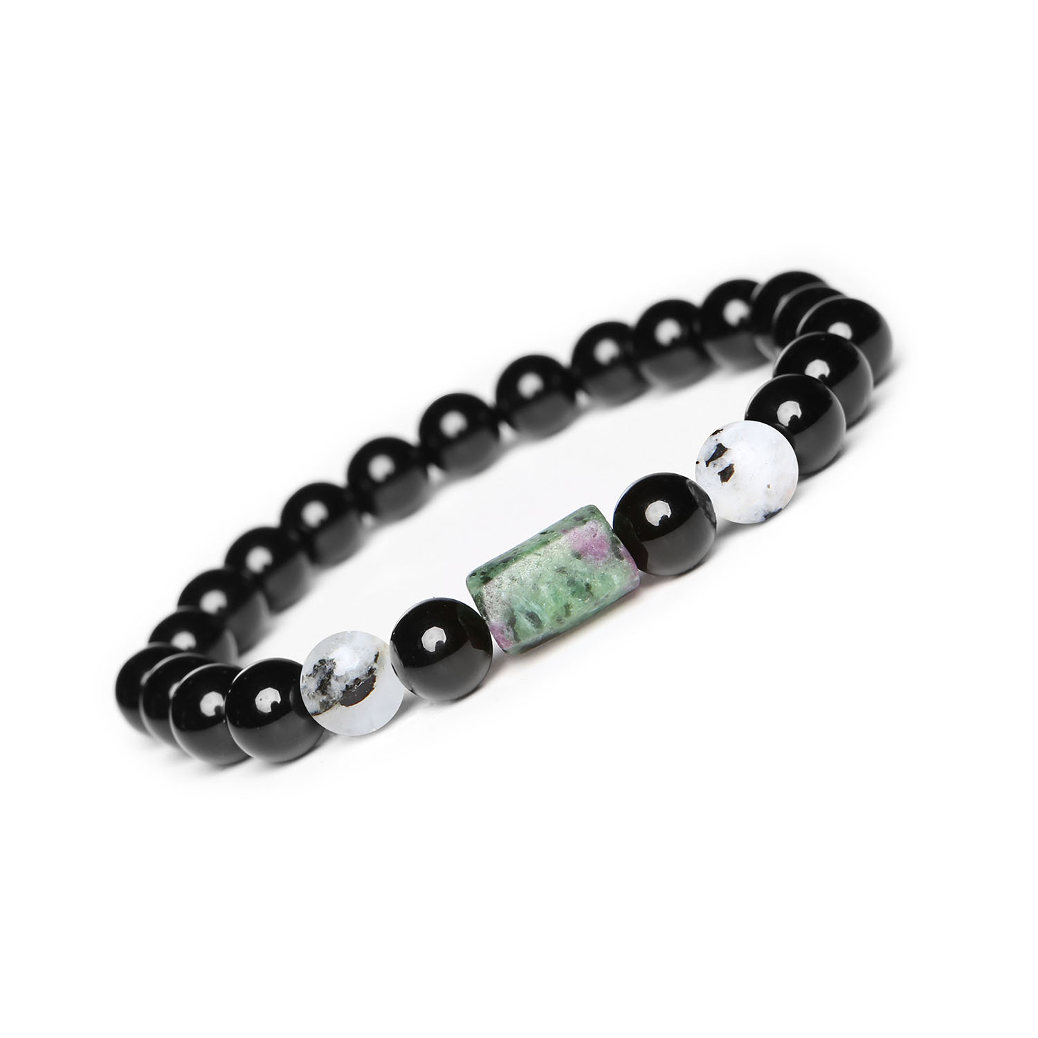 Kolekcja Laeri Bransoletka na sznurku z Kamieniem Księżycowym Łaciatym, Zoisyt z Rubinem i Onyksami dla wszystkich Bransoletka dla każdego: Laeri oferuje piękną bransoletkę, która łączy w sobie trzy wspaniałe kamienie: Kamienie Księżycowy Łaciaty, Zoisyt z Rubinem oraz Onyks. Bransoletka jest dostosowana zarówno dla kobiet, jak i mężczyzn, stąd idealna jako prezent na specjalny okazji.