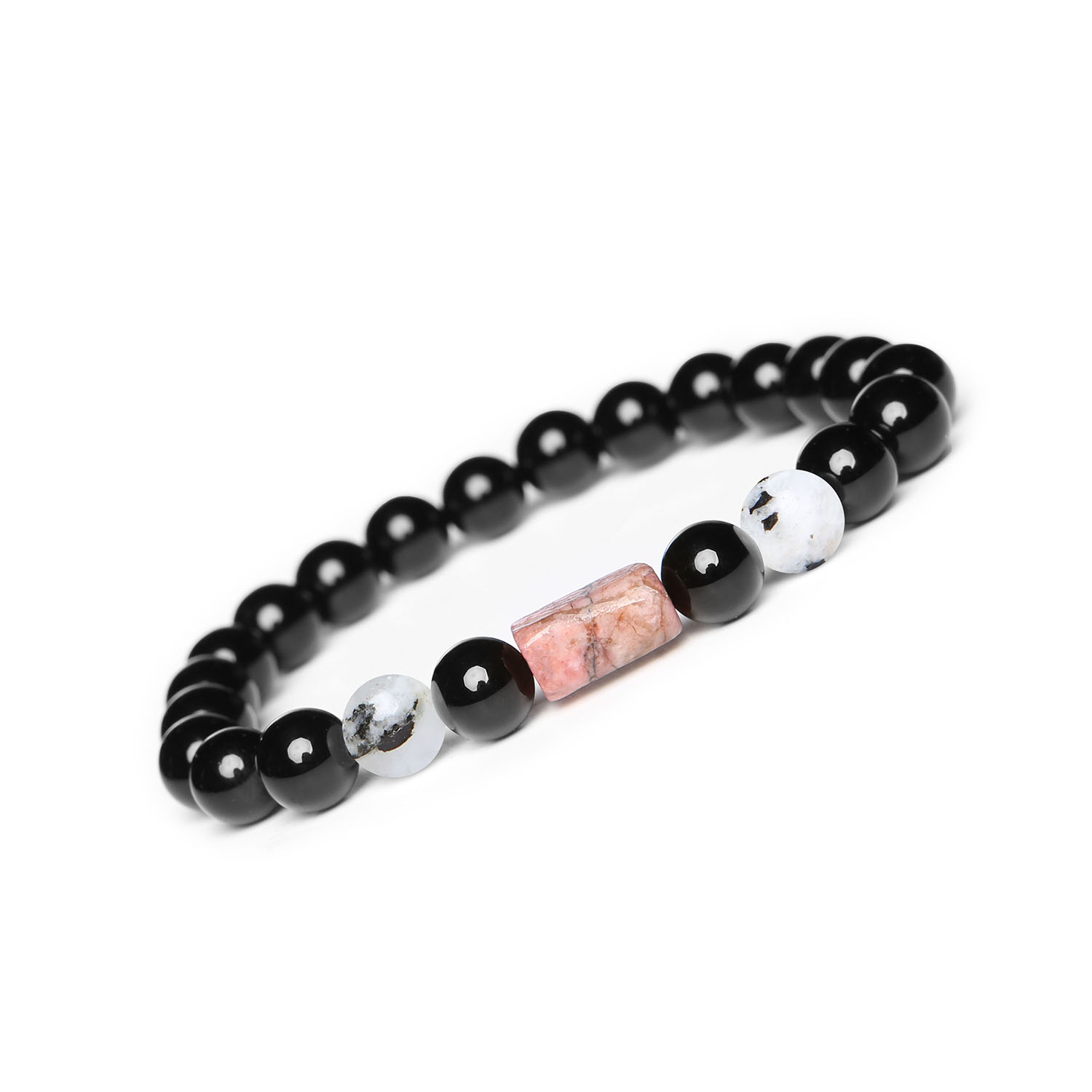 Kolekcja Laeri Bransoletka na sznurku z Kamieniem Księżycowym Łaciatym oraz różowym Rodonitem i Onyksami, idealna dla Kobie Bransoletka z kolekcji Laeri, zdobiona Kamieniem Księżycowym Łaciatym, Rodonitem w kolorze różowym oraz Onyksem - dla kobiet i mężczyzn.