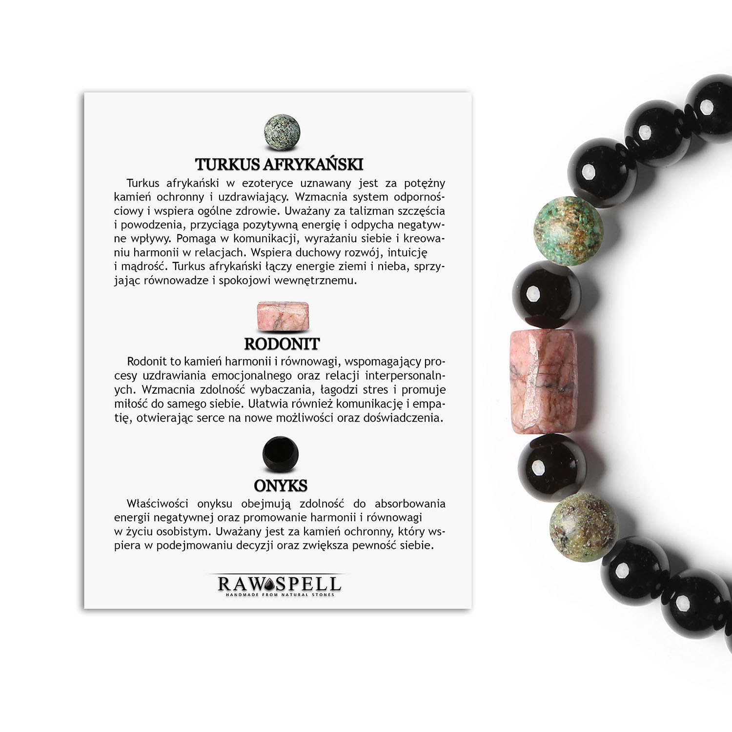 Kolekcja Laeri - Bransoletka z Wyjątkowymi Kamieniami - Turkus Afrykański, Rodonit i Onyks Stylowa bransoletka z kolekcji Laeri, wykonana z turkusu afrykańskiego, rodonitu w odcieniu różowym i onyksu, przeznaczona dla kobiet i mężczyzn.