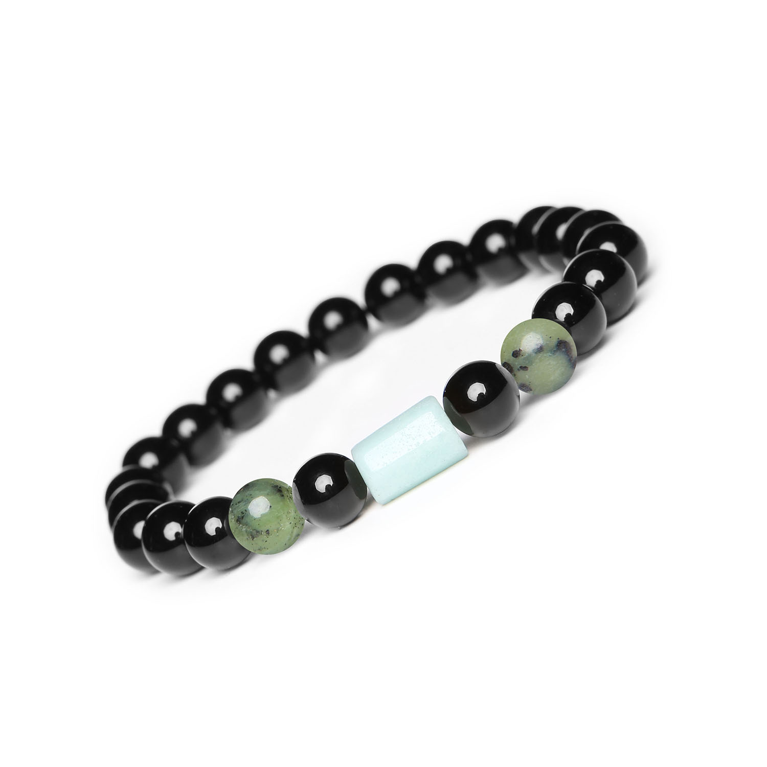 Kolekcja Laeri bransoletka gumowa z zielonym jadeitem, amazonitem i onyksu dla każdego Bransoletka z kolekcji Laeri - naturalne kamienie