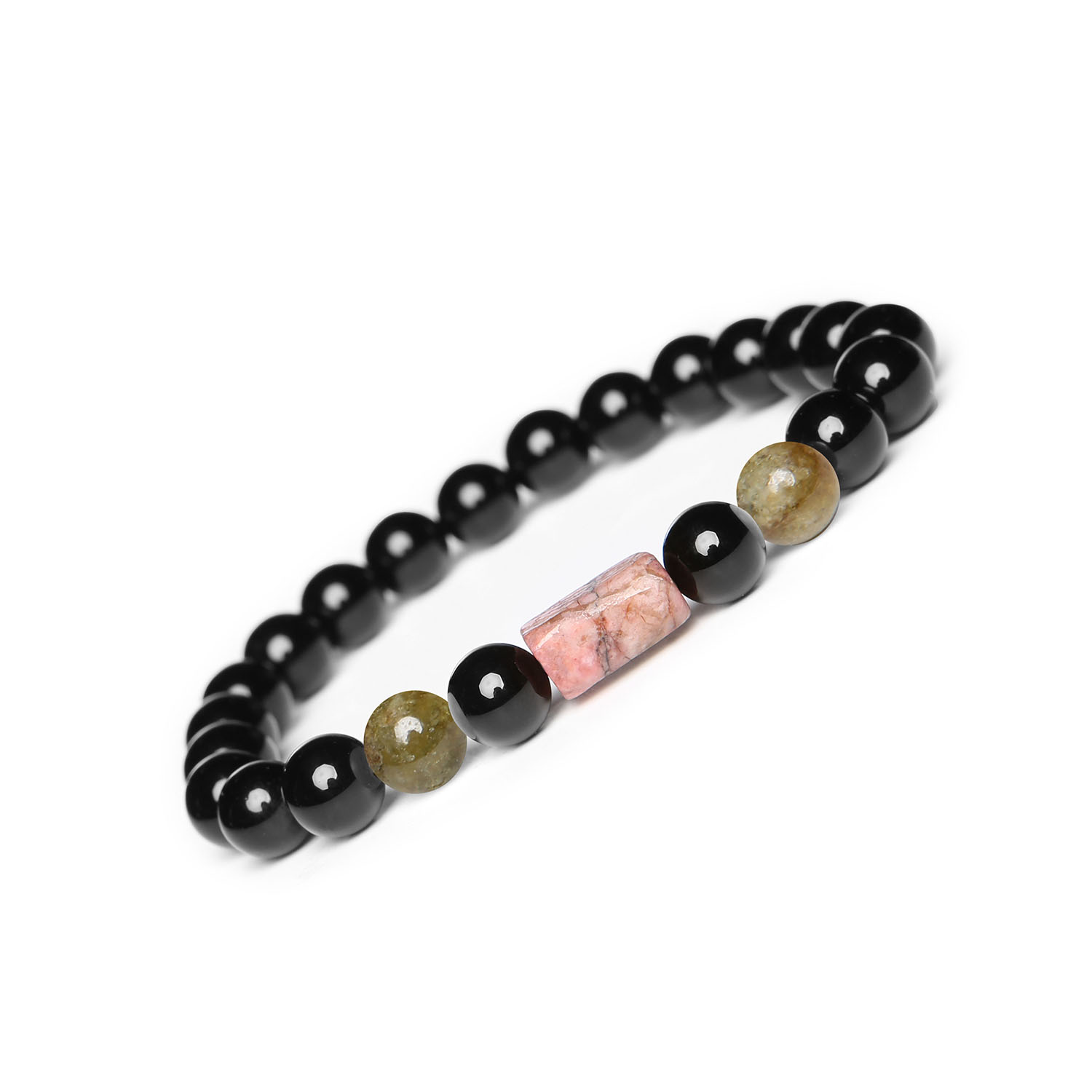 Kolekcja Laeri bransoletka na gumce w kolorze granatowym i zielonym, z rodonitem i onyksem, idealna dla kobiet i mężczyzn Bransoletka Laeri z naturalnymi kamieniami – granat zielony, rodonit i onyks, stworzona z myślą o kobietach i mężczyznach.