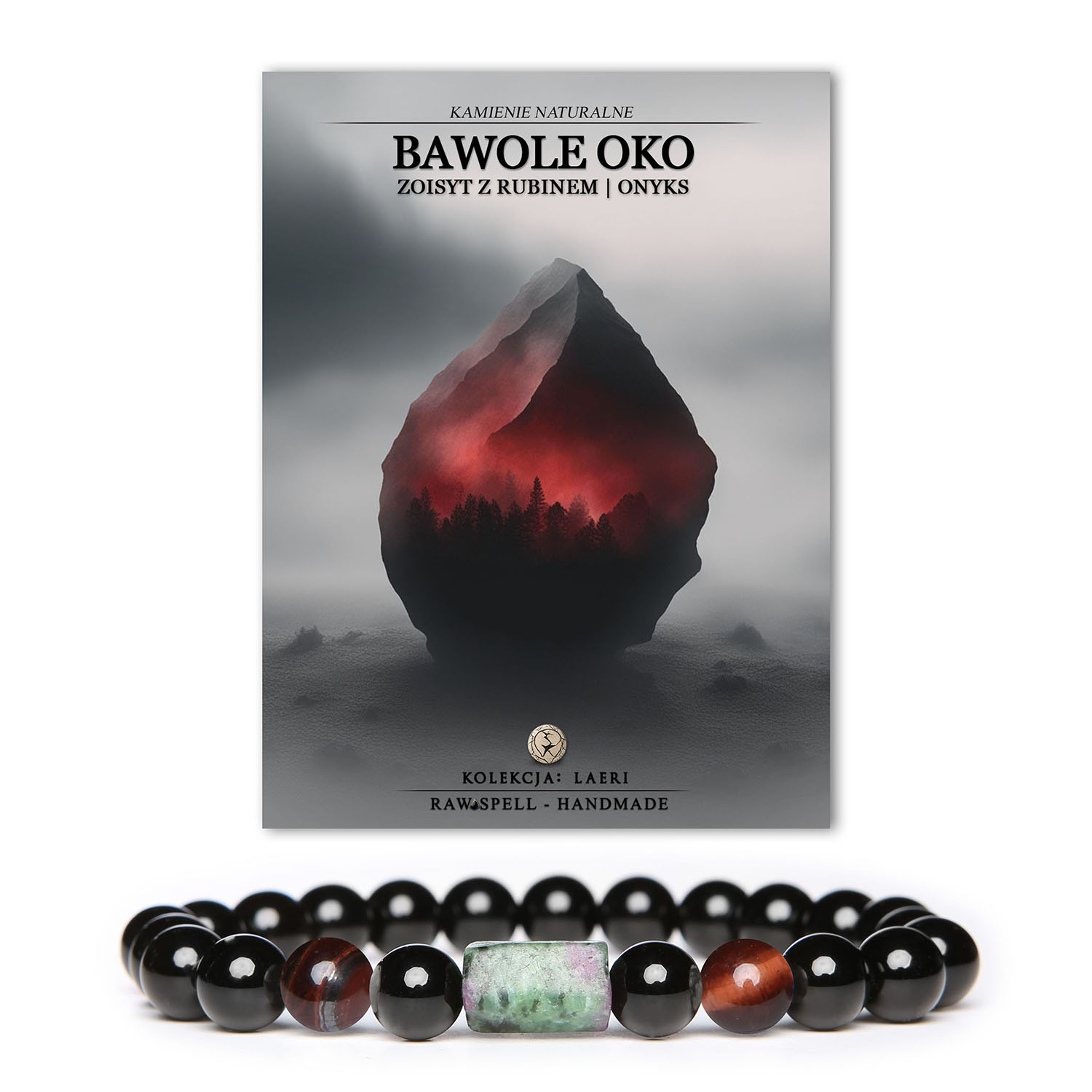 Bransoletka Laeri na gumce z kolekcji Dla Kobiet i Mężczyzn, zdobiona naturalnymi kamieniami: Bawolim Okiem, Zoisytem z Rubinem i Onyksami.