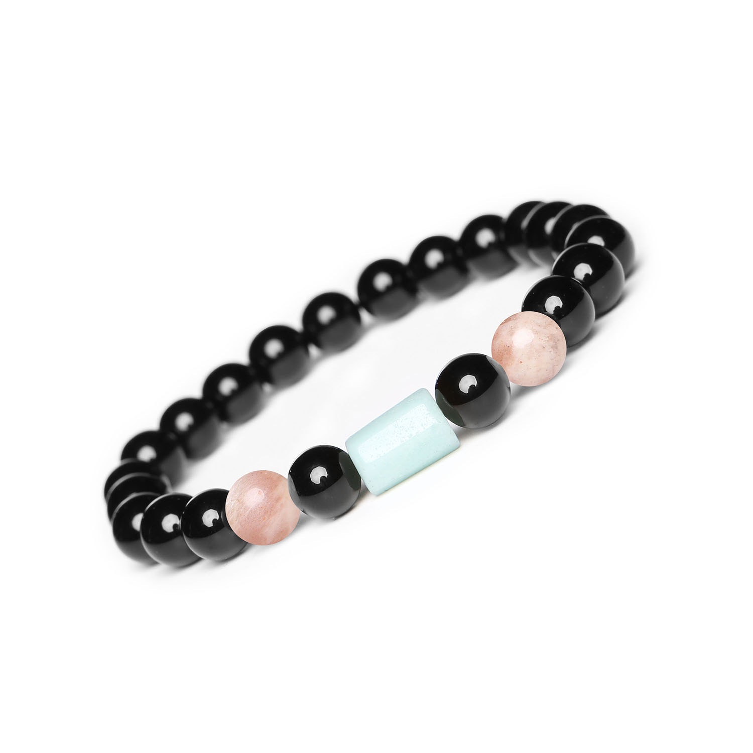 Kolekcja Laeri - bransoletka na gumce z Kamieniem Słonecznym, Amazonitem i Onyksem, idealna dla Kobiet i Mężczyzn Bransoletka Laeri z naturalnymi kamieniami: Kamień Słoneczny, Amazonit i Onyks - idealna dla kobiet i mężczyzn.