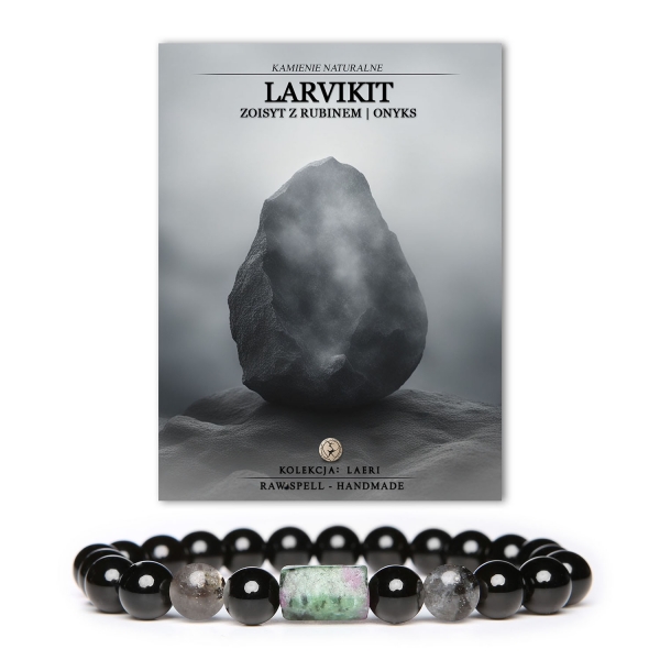 Stylowa bransoletka Laeri z kolekcji Dla Kobiet i Mężczyzn, wykonana z naturalnych kamieni larvikitu, zoisytu z rubinem i onyksu.