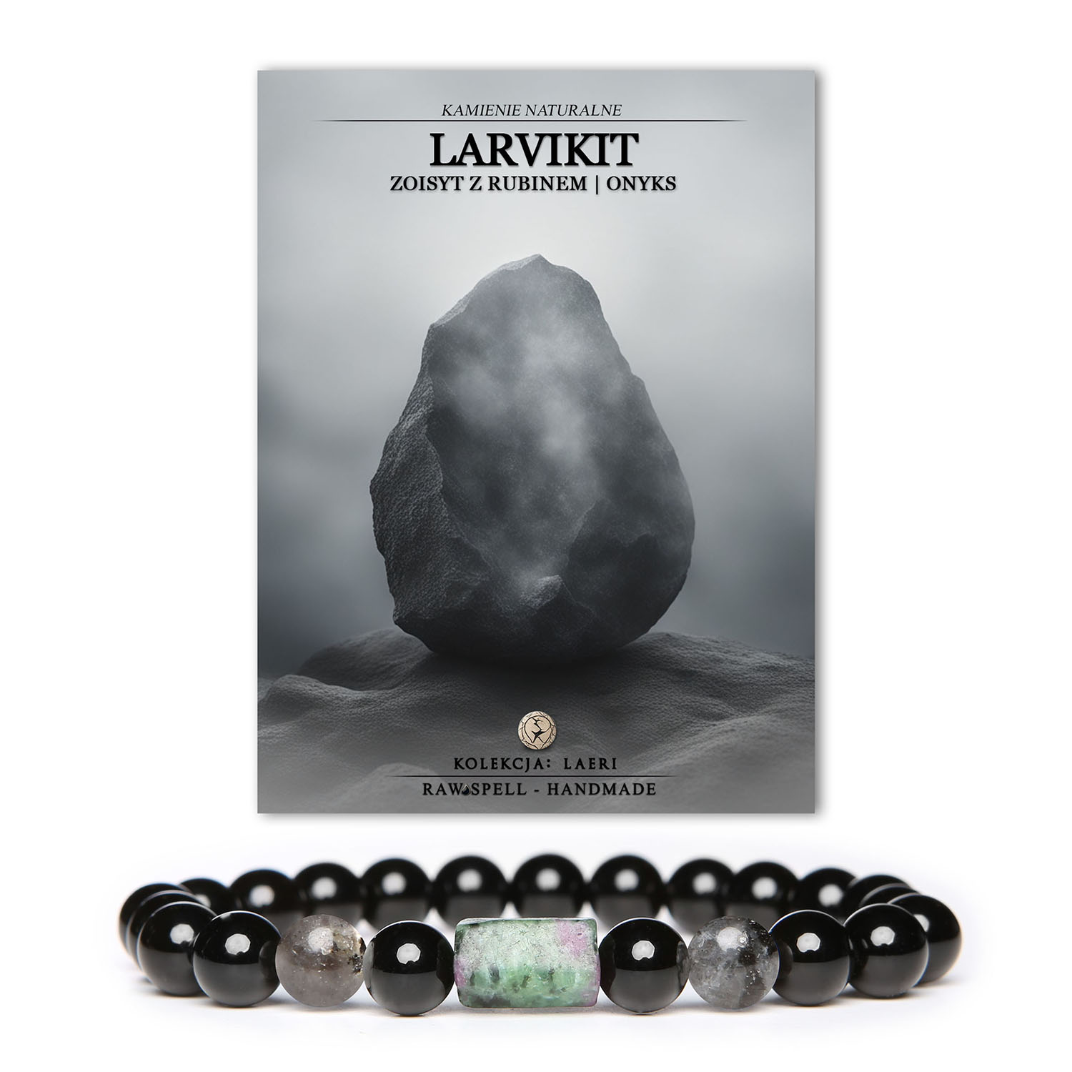 Stylowa bransoletka Laeri z kolekcji Dla Kobiet i Mężczyzn, wykonana z naturalnych kamieni larvikitu, zoisytu z rubinem i onyksu.