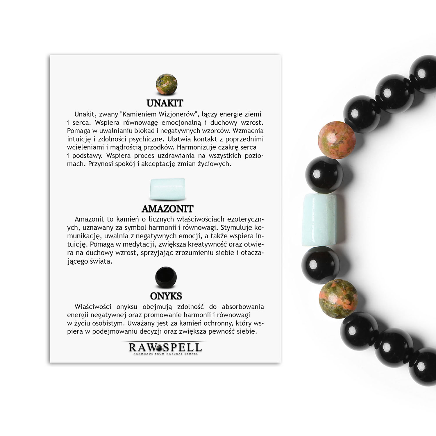 Kolekcja Laeri bransoletka na gumce z Unikatu, Amazonitu i Onyksu, stworzona dla kobiet i mężczyzn Stylowa bransoletka Laeri z kolekcji dostępnej dla każdego: naturalne kamienie unakit, amazonit i onyks w harmonijnej kompozycji.