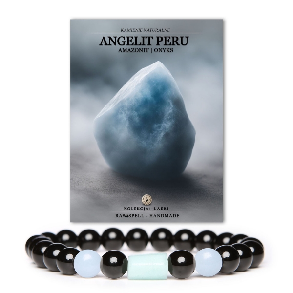 Bransoletka Laeri z naturalnymi kamieniami: angelit z Peru, amazonit i onyks, idealna dla kobiet i mężczyzn.