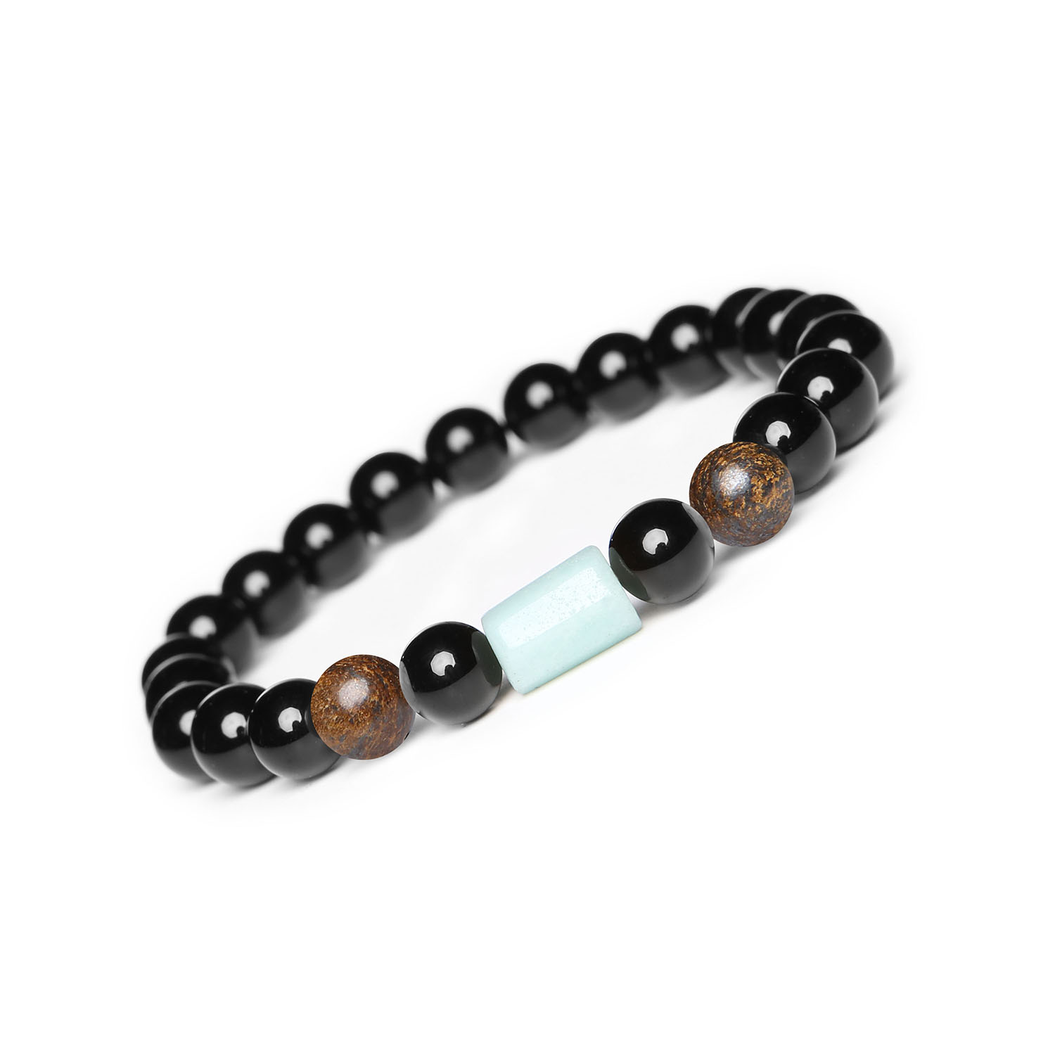 Kolekcja Laeri bransoletka na gumce z bronzytem, amazonitem i onyksem dla każdego Bransoletka z kolekcji Laeri z naturalnymi kamieniami: bronzyt, amazonit i onyks, idealna dla kobiet i mężczyzn.