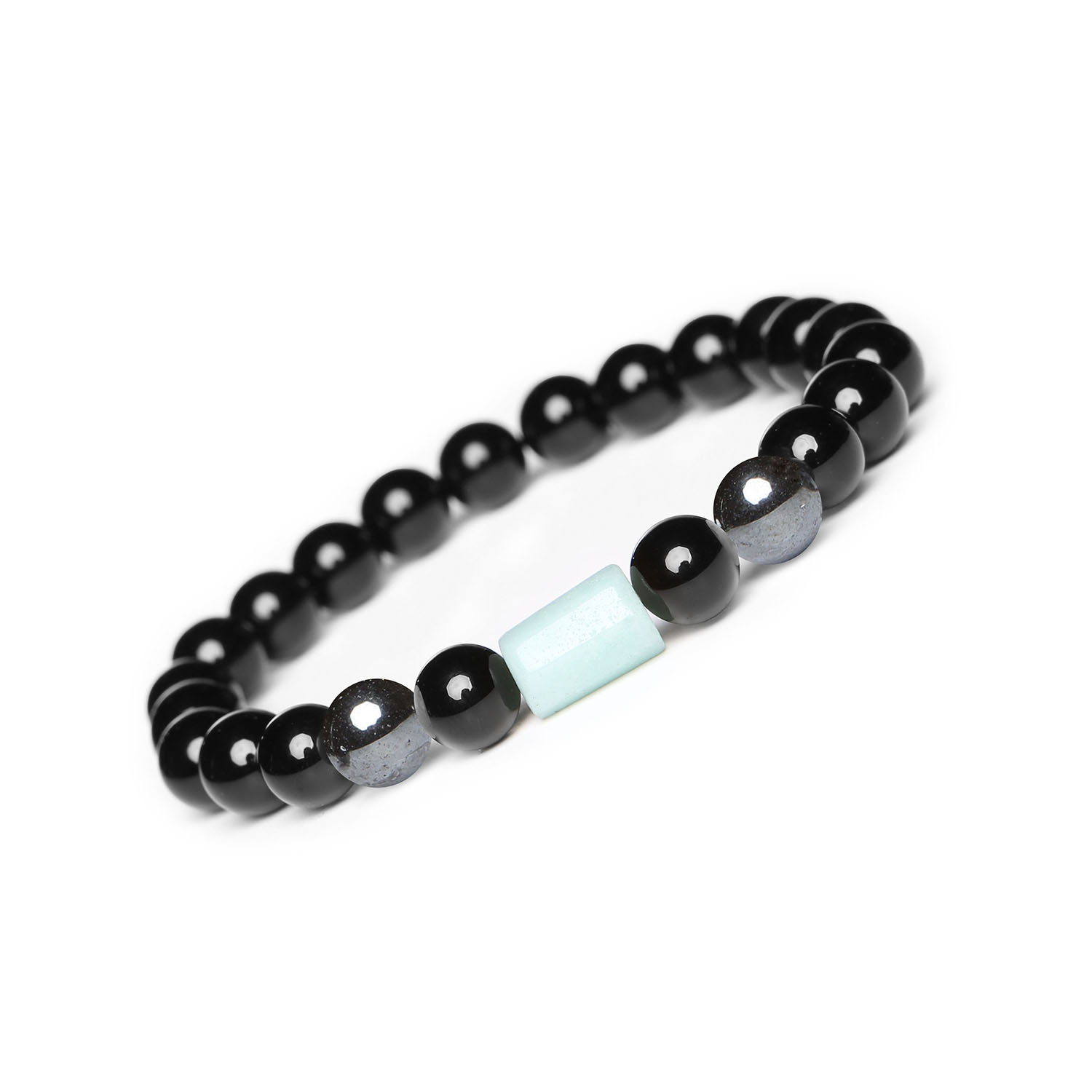 Kolekcja Laeri bransoletka na gumce z hematytu grafitowego, amazonitu i onyksu dla kobiet i mężczyzn Bransoletka Laeri z kamieni naturalnych - Hematyt grafitowy, Amazonit i Onyks, idealna dla kobiet i mężczyzn.