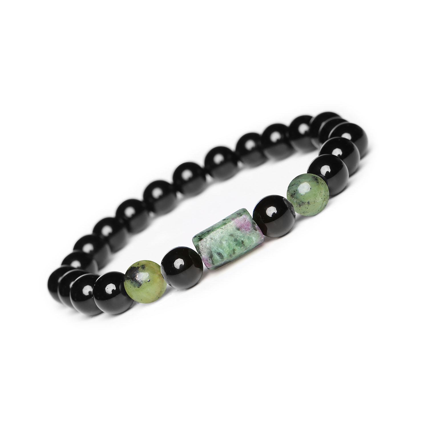 Kolekcja Laeri - bransoletka na gumce z jadeitem zielonym, zoisyt z rubinem oraz onyksu dla każdego Bransoletka na gumce Laeri z kolekcji Dla Kobiet i Mężczyzn, kamienie: Jadeit Zielony, Zoisyt z Rubinem, Onyks