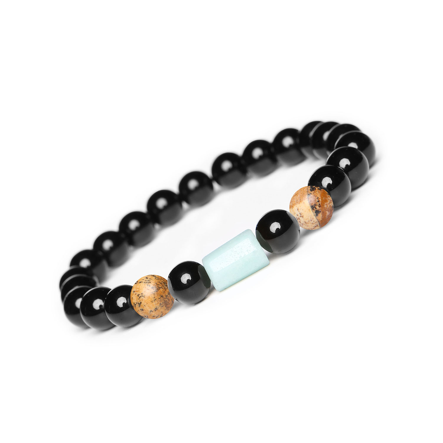 Kolekcja Laeri - bransoletka na gumce z jaspisem obrazkowym, amazonitem i onyksu dla kobiet i mężczyzn Stylowa bransoletka z kolekcji Laeri, wykonana z jaspisu obrazkowego, amazonitu oraz onyksu, dedykowana dla kobiet i mężczyzn.