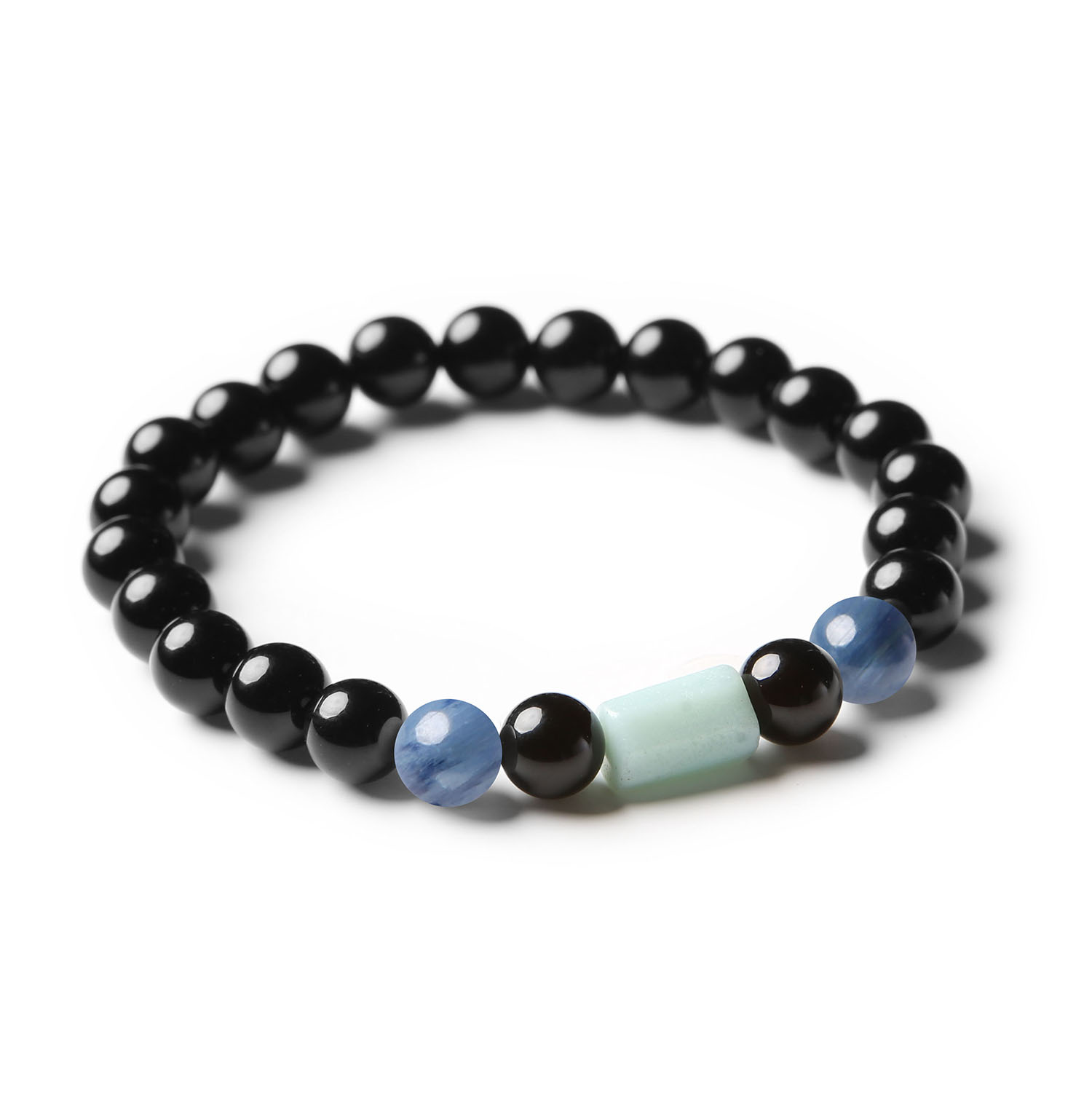 Elegancka bransoletka z naturalnych kamieni - kyanitu, amazonitu i onyksu - z kolekcji Laeri, uniseksowy dodatek dla każdego.